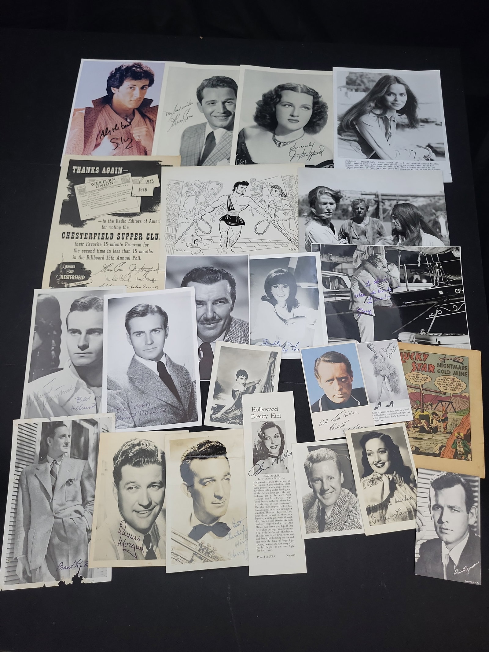 I03353 | A Collection of Vintage Hollywood and Entertainment Memorabilia and Autographed Publicity: BID PER WHAT YOU SEE IN THE PHOTO, NOT THE AI GENERATED TITLES AND DESCRIPTIONS! This lot consists of a collection of vintage entertainment memorabilia, including autographed promotional photographs, 