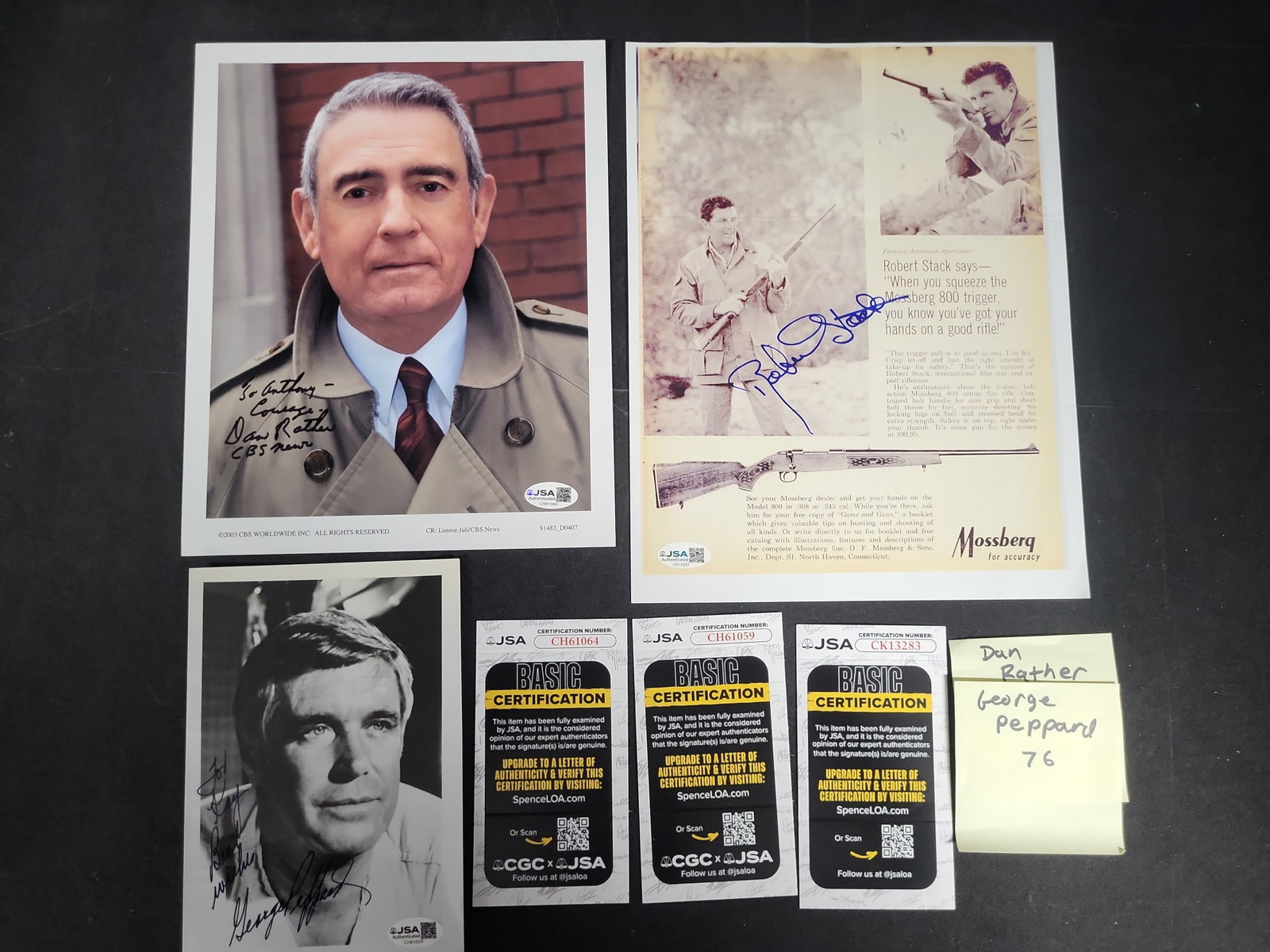 I03393 | A Trio of Autographed Celebrity Memorabilia Items Featuring Dan Rather, George Peppard, and: BID PER WHAT YOU SEE IN THE PHOTO, NOT THE AI GENERATED TITLES AND DESCRIPTIONS! This collection consists of three individual autographed items, each professionally authenticated by James Spence Authe