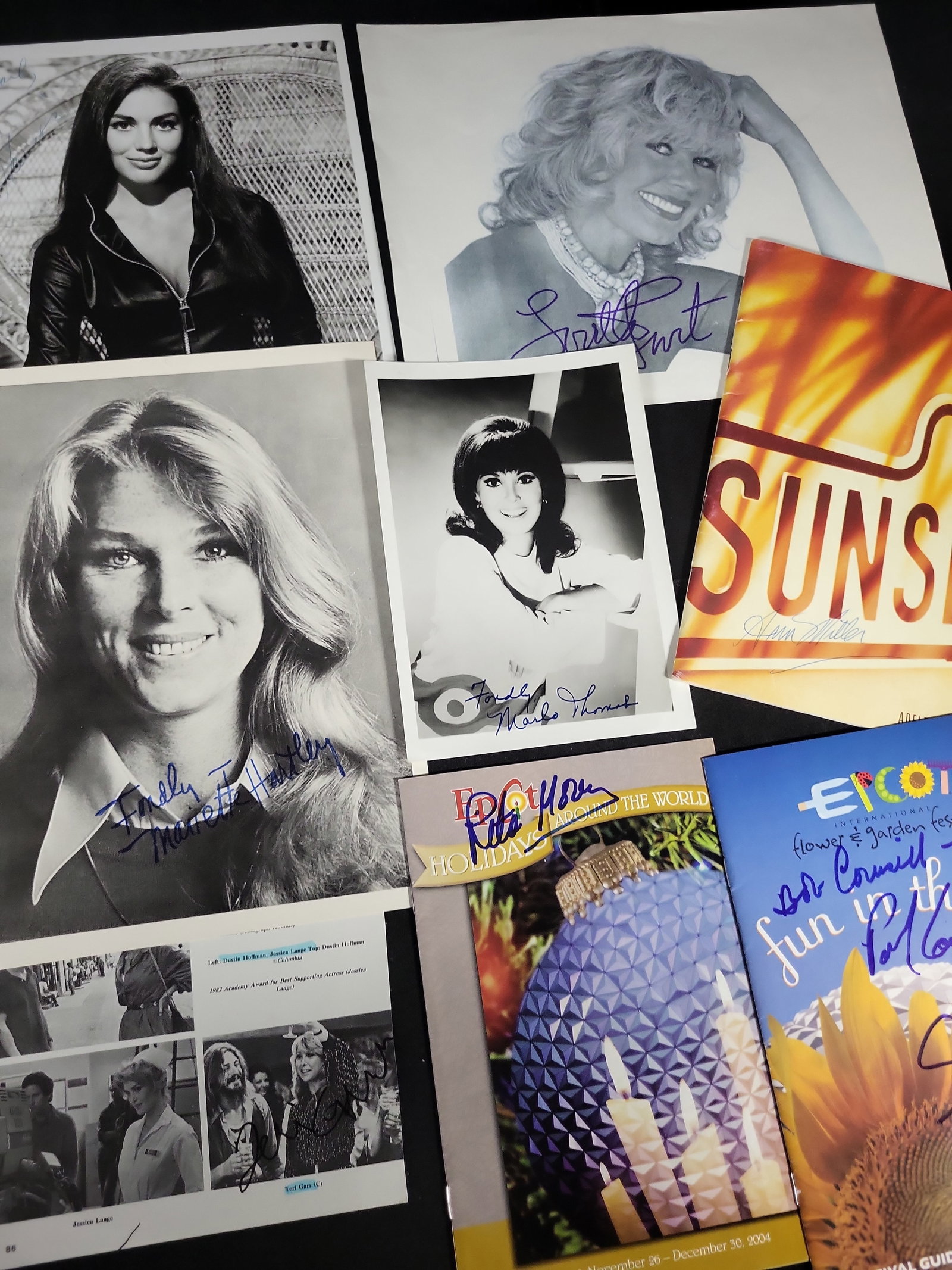 I03423 | A Collection of Eight Autographed Photographs and Programs Featuring Various Actresses: BID PER WHAT YOU SEE IN THE PHOTO, NOT THE AI GENERATED TITLES AND DESCRIPTIONS! This is a collection of eight autographed items featuring prominent actresses and stage performers, consisting of five 