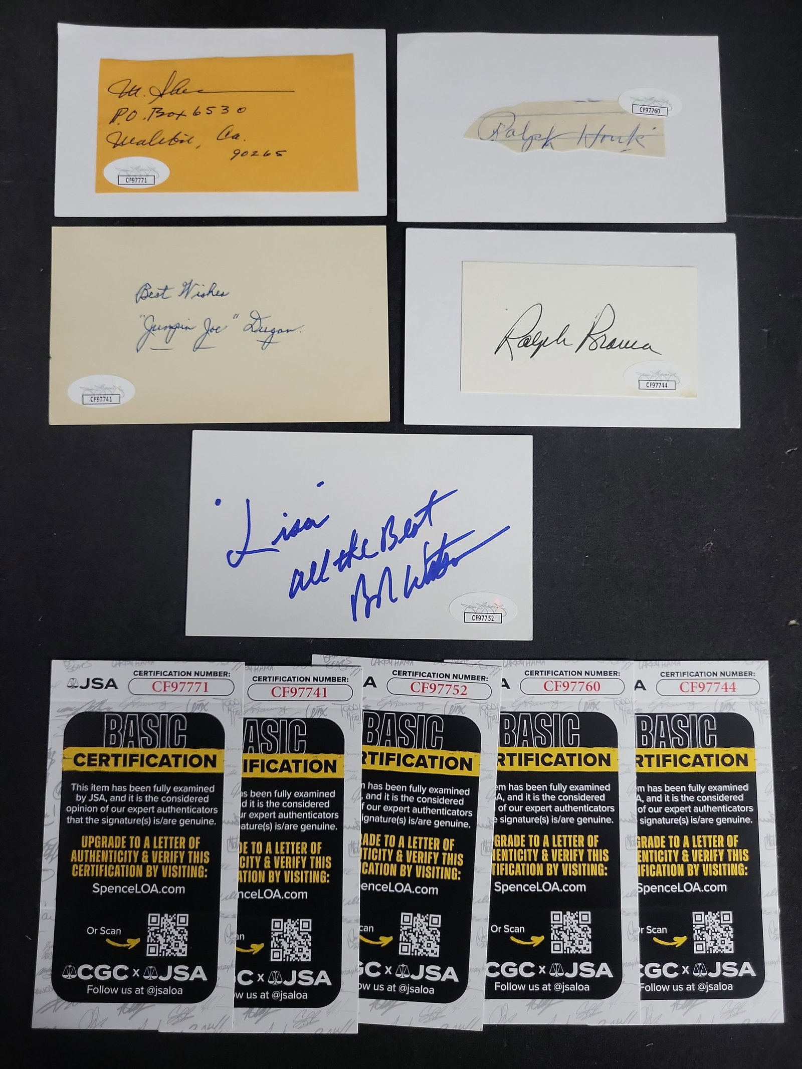 I03396 | A Lot of Five Individually Authenticated Autographs from Professional Baseball and Film (1 of 8)