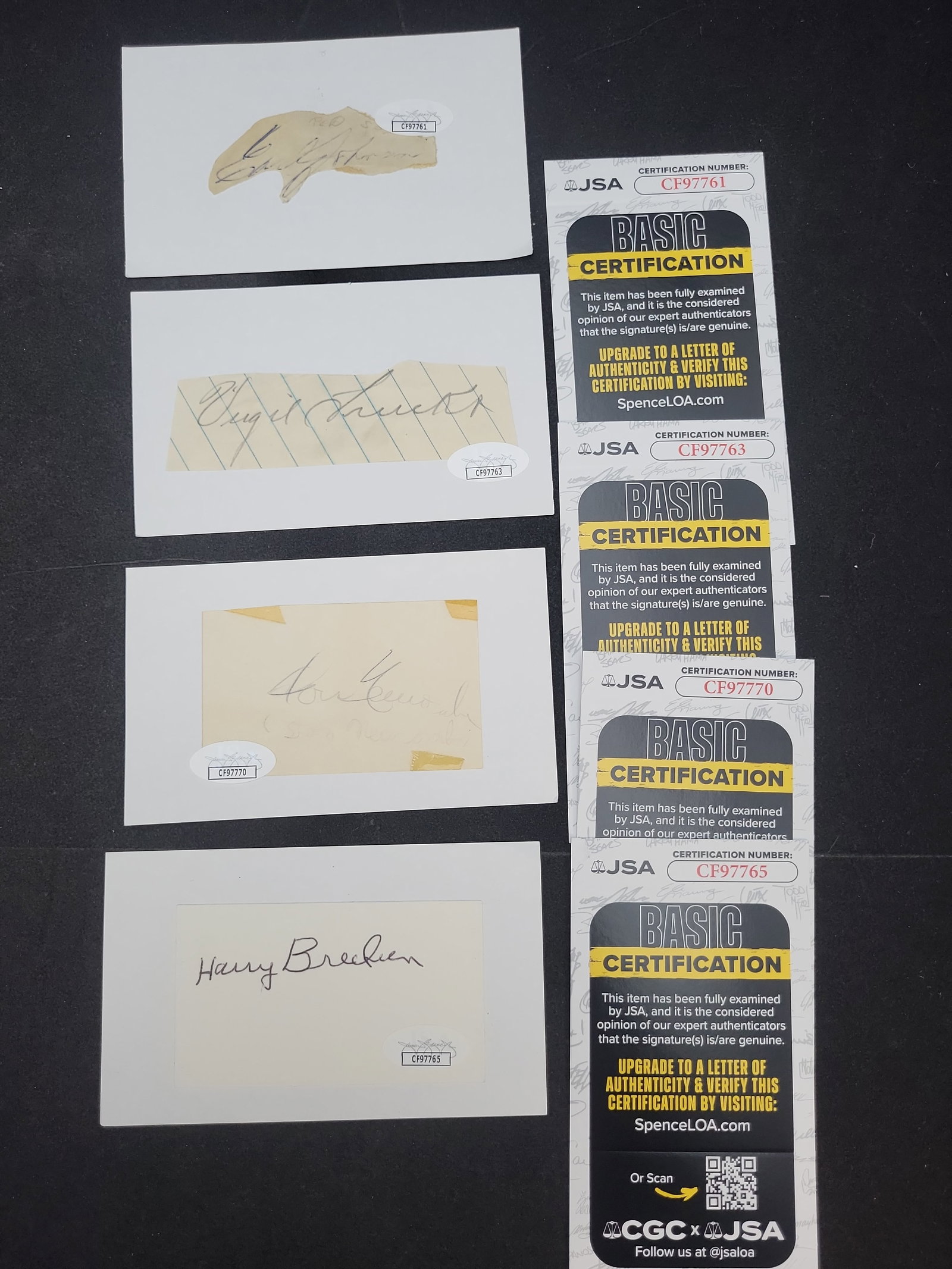 I03352 | Lot of (4) Vintage Major League Baseball Autographed Cuts with JSA Certificates (1 of 5)