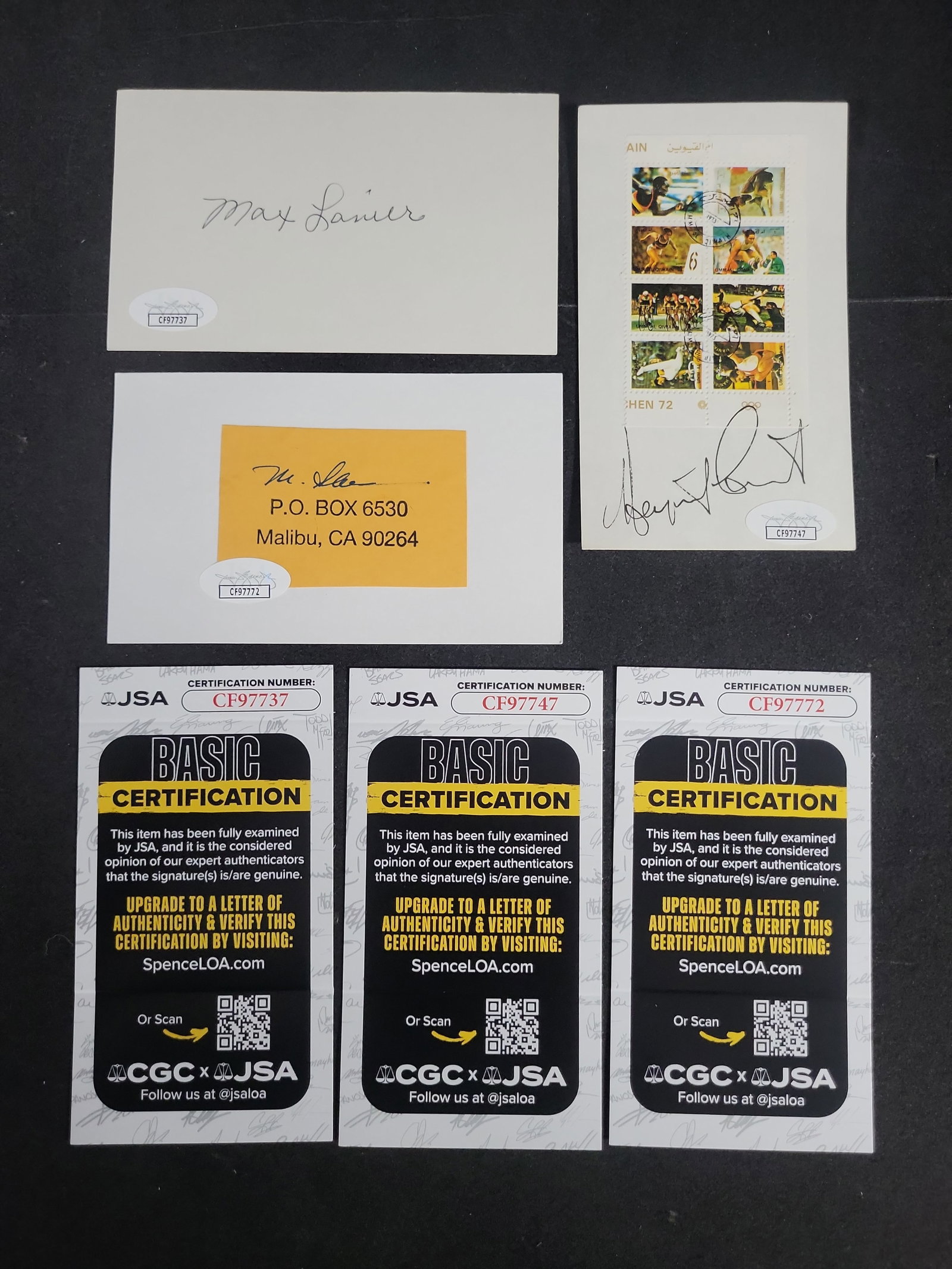 I03395 | Three Autographed Items Including Margaret Court, Max Lanier, and Martin Sheen with JSA: BID PER WHAT YOU SEE IN THE PHOTO, NOT THE AI GENERATED TITLES AND DESCRIPTIONS! This lot consists of three individual autographed items, each accompanied by a Basic Certification from JSA (James Spen