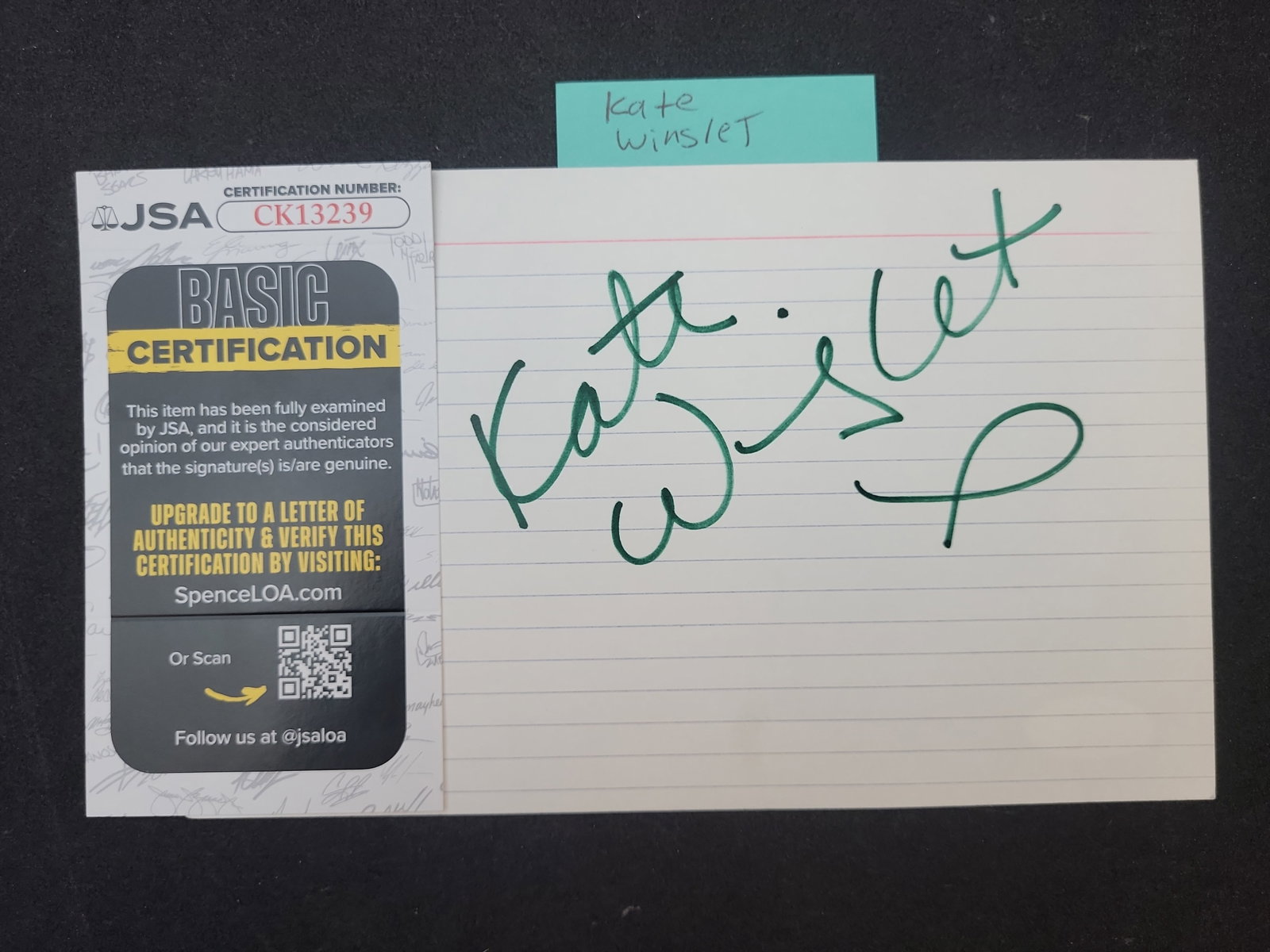 I03368 | Kate Winslet Autographed Lined Index Card: BID PER WHAT YOU SEE IN THE PHOTO, NOT THE AI GENERATED TITLES AND DESCRIPTIONS! This lot features a white lined index card hand-signed by Academy Award-winning actress Kate Winslet. The signature is 