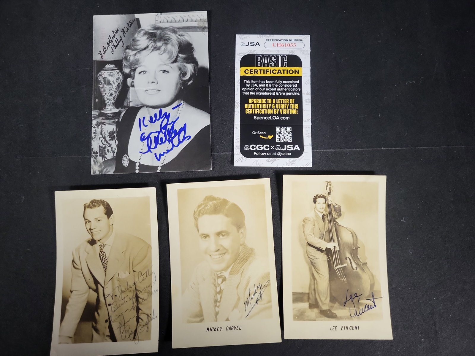 I03440 | Four Vintage Autographed Promotional Photos and Cards Including Shelley Winters with JSA: BID PER WHAT YOU SEE IN THE PHOTO, NOT THE AI GENERATED TITLES AND DESCRIPTIONS! A collection of four vintage mid-20th-century autographed promotional photographs and postcards featuring various enter