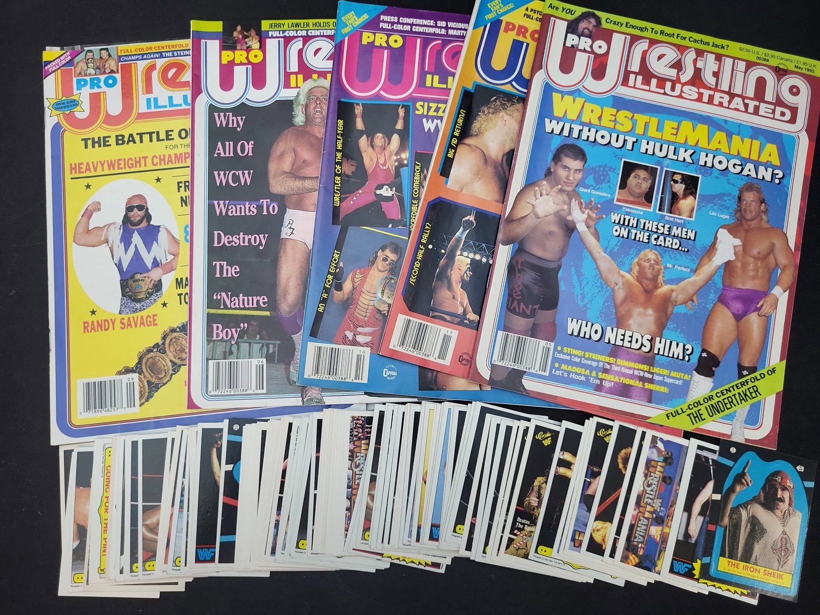 I03658 | Five Vintage Pro Wrestling Illustrated Magazines and a Collection of WWF Trading Cards and (1 of 6)
