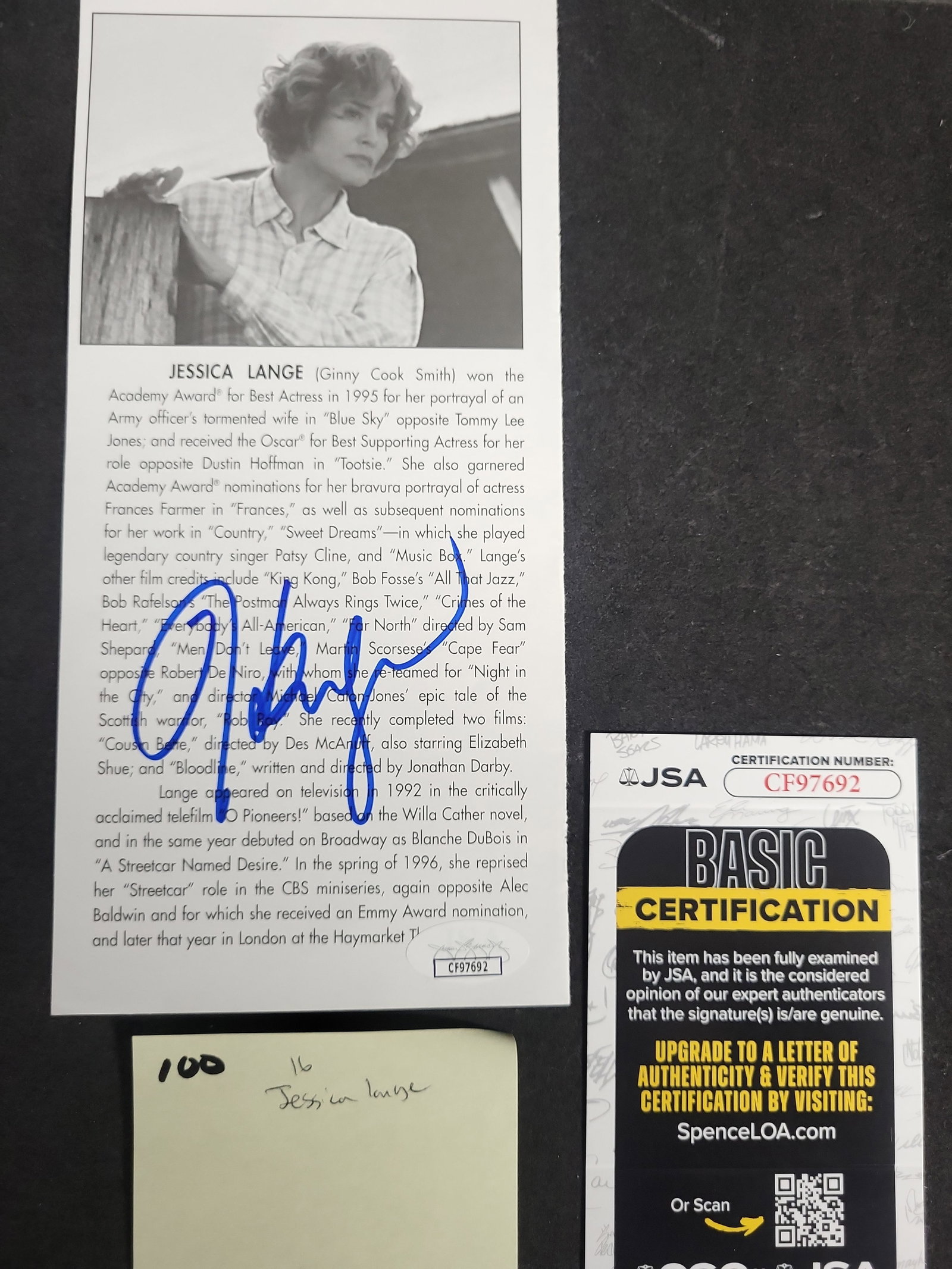 I03432 | Jessica Lange Autographed Biographical Card with JSA COA: BID PER WHAT YOU SEE IN THE PHOTO, NOT THE AI GENERATED TITLES AND DESCRIPTIONS! A printed biographical promotional card celebrating the career of Academy Award-winning actress Jessica Lange, featurin