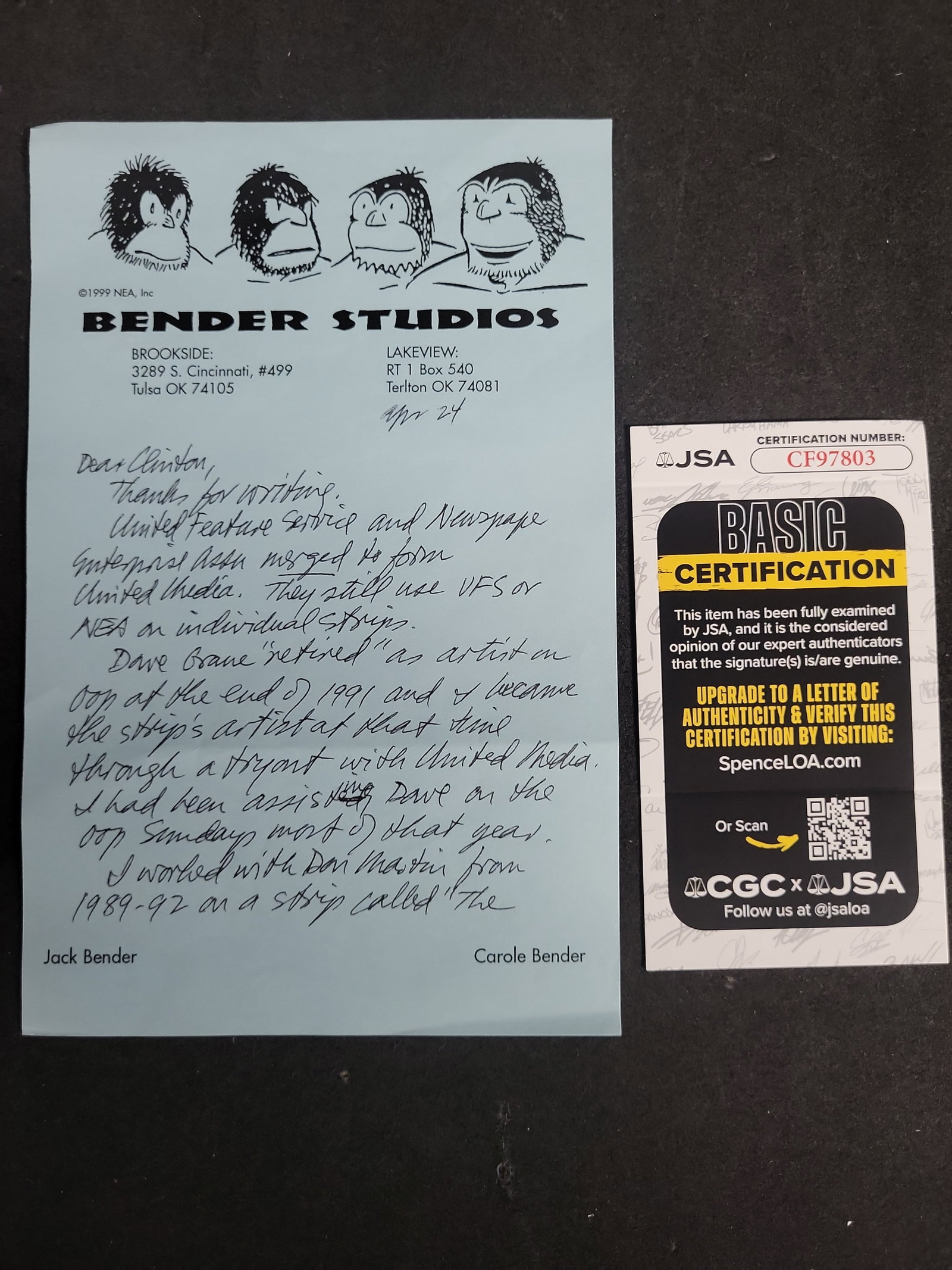 I03436 | Jack Bender Autographed Letter on Bender Studios Letterhead with JSA Certification (1 of 3)