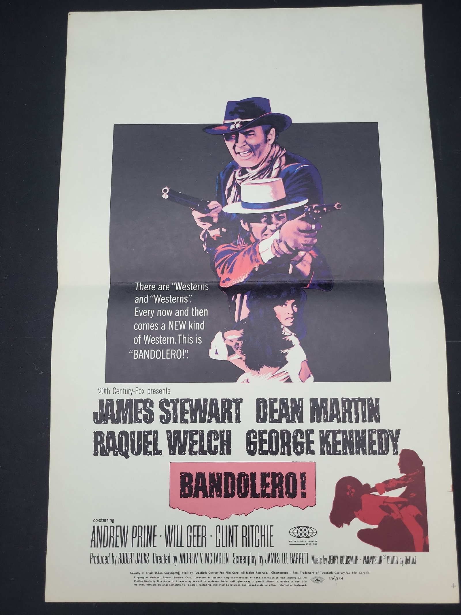 I03344 | 1968 Bandolero! Original Theatrical Movie Pressbook Insert Poster: BID PER WHAT YOU SEE IN THE PHOTO, NOT THE AI GENERATED TITLES AND DESCRIPTIONS! Original theatrical promotional insert for the 1968 Western film Bandolero!, produced by 20th Century-Fox. This two-pan
