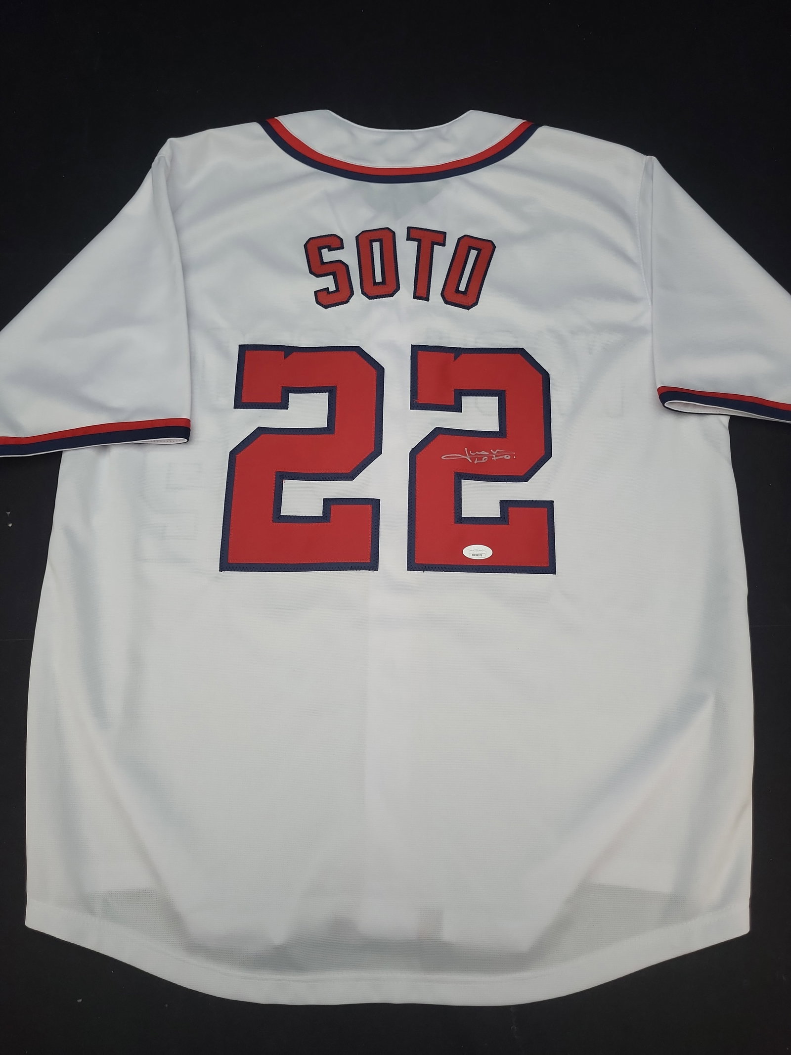 I03579 | Juan Soto Autographed Washington Nationals White Home Style Baseball Jersey with JSA (1 of 6)