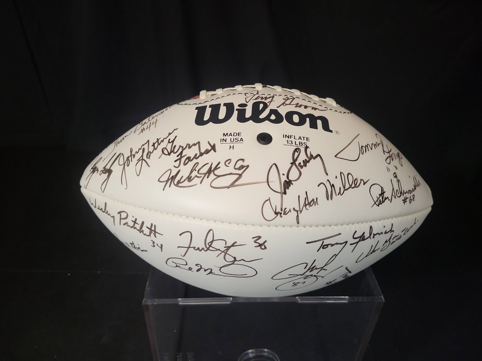 I03063 | Notre Dame Legends Multi-Signed Wilson Official NFL Football featuring Johnny Lattner and: BID PER WHAT YOU SEE IN THE PHOTO, NOT THE AI GENERATED TITLES AND DESCRIPTIONS! Notre Dame Legends Multi-Signed Wilson Official NFL Football featuring Johnny Lattner and Urban Meyer This is a multi-s