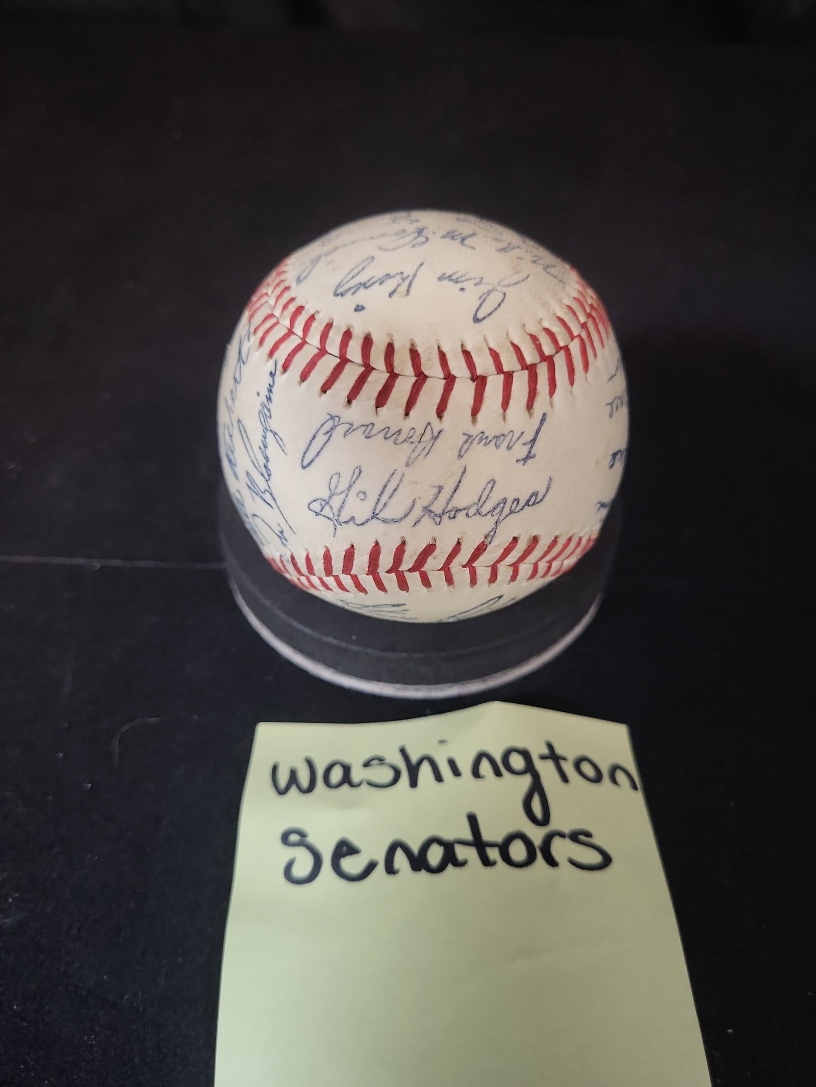 I03075 | Washington Senators Team-Signed Baseball Circa 1965 Featuring Gil Hodges: BID PER WHAT YOU SEE IN THE PHOTO, NOT THE AI GENERATED TITLES AND DESCRIPTIONS! Washington Senators Team-Signed Baseball Circa 1965 Featuring Gil Hodges A team-signed baseball from the Washington Sen