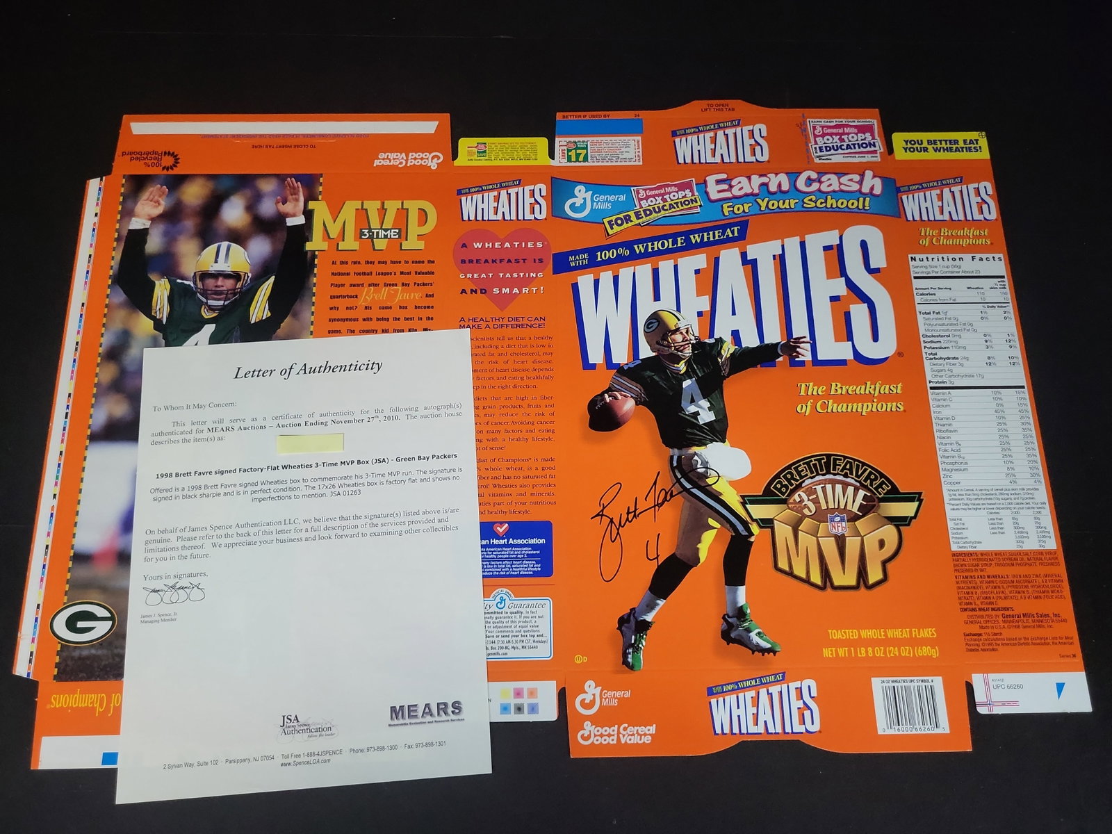 I03117 | 1998 Brett Favre Signed Factory-Flat Wheaties 3-Time MVP Cereal Box with JSA LOA (1 of 5)
