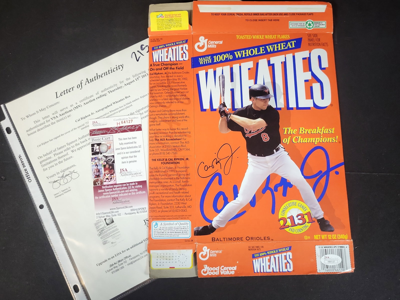 I03121 | Cal Ripken Jr. Autographed Baltimore Orioles 2131 Consecutive Games Commemorative Wheaties (1 of 5)