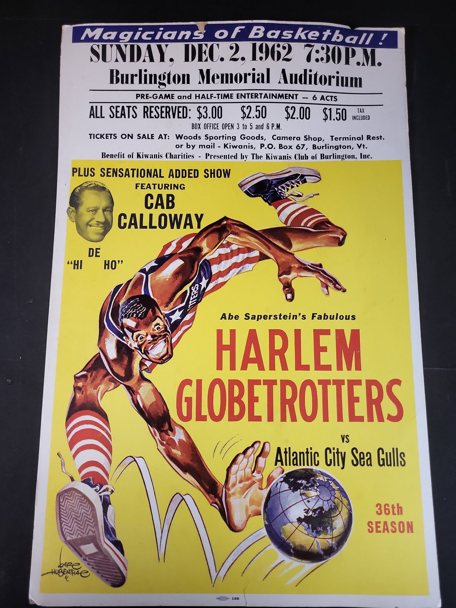 I03270 | 1962 Harlem Globetrotters Burlington Vermont Promotional Broadside Poster Featuring Cab (1 of 7)