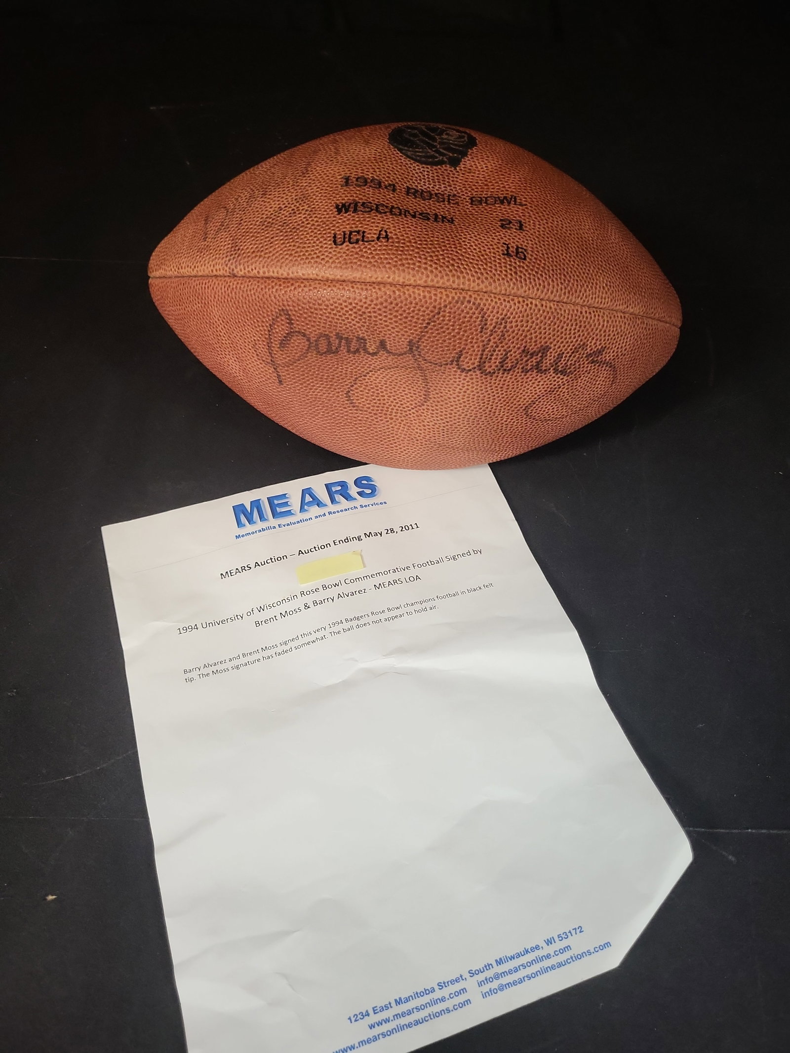 I03125 | Barry Alvarez and Brent Moss Signed 1994 Rose Bowl Commemorative Wilson Football (1 of 7)