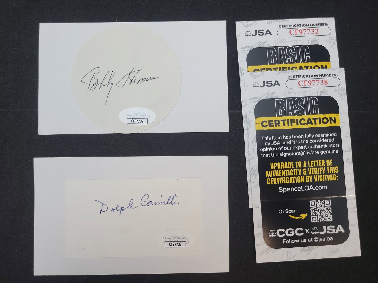 I03375 | A Pair of JSA Authenticated Autographed Baseball Cuts Featuring Bobby Thomson and Dolph: BID PER WHAT YOU SEE IN THE PHOTO, NOT THE AI GENERATED TITLES AND DESCRIPTIONS! This lot contains two vintage autographed baseball cuts, each accompanied by its respective James Spence Authentication