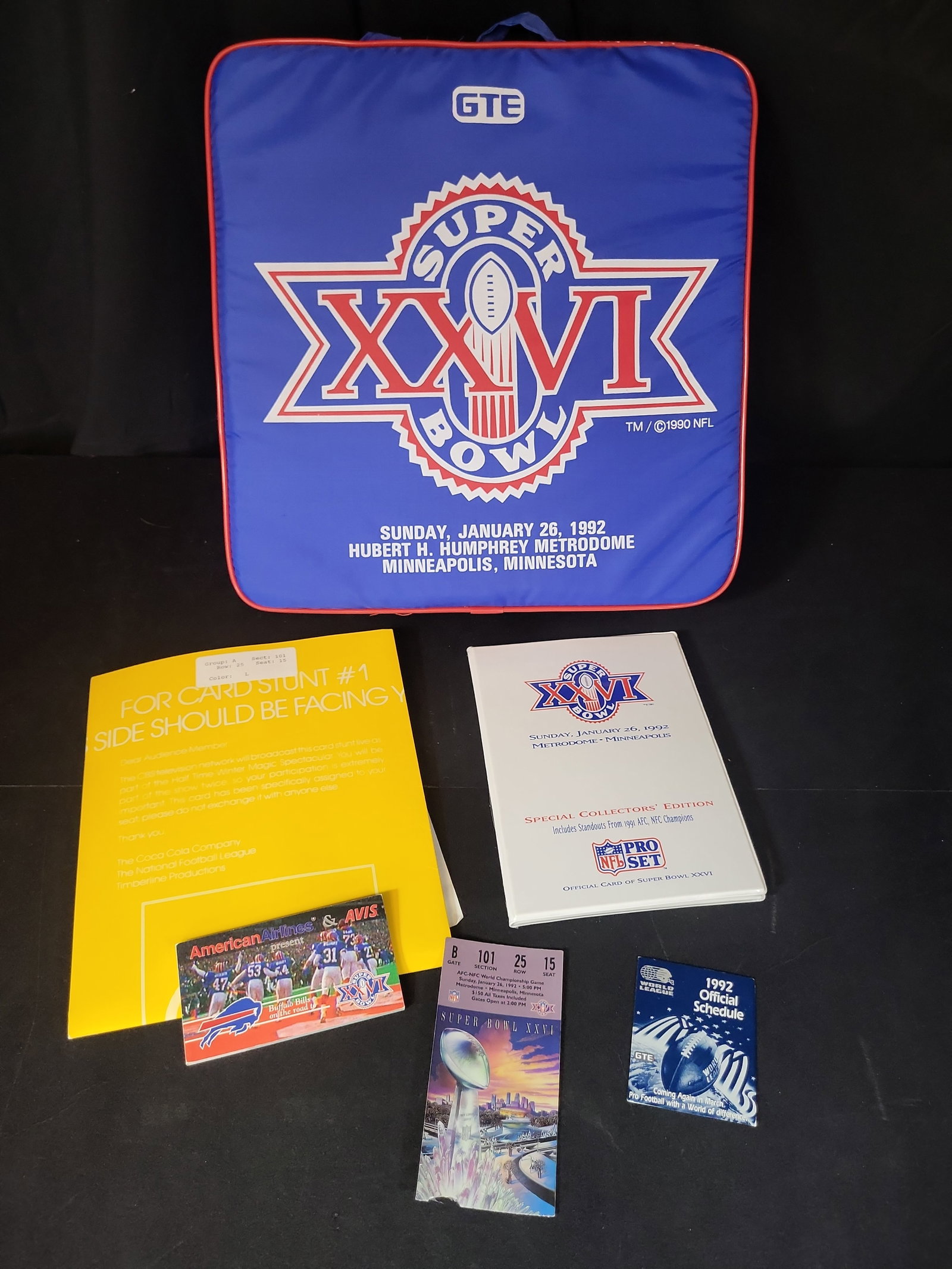 I03210 | A Collection of Super Bowl XXVI Memorabilia including Game Ticket, Seat Cushion, and Pro (1 of 16)