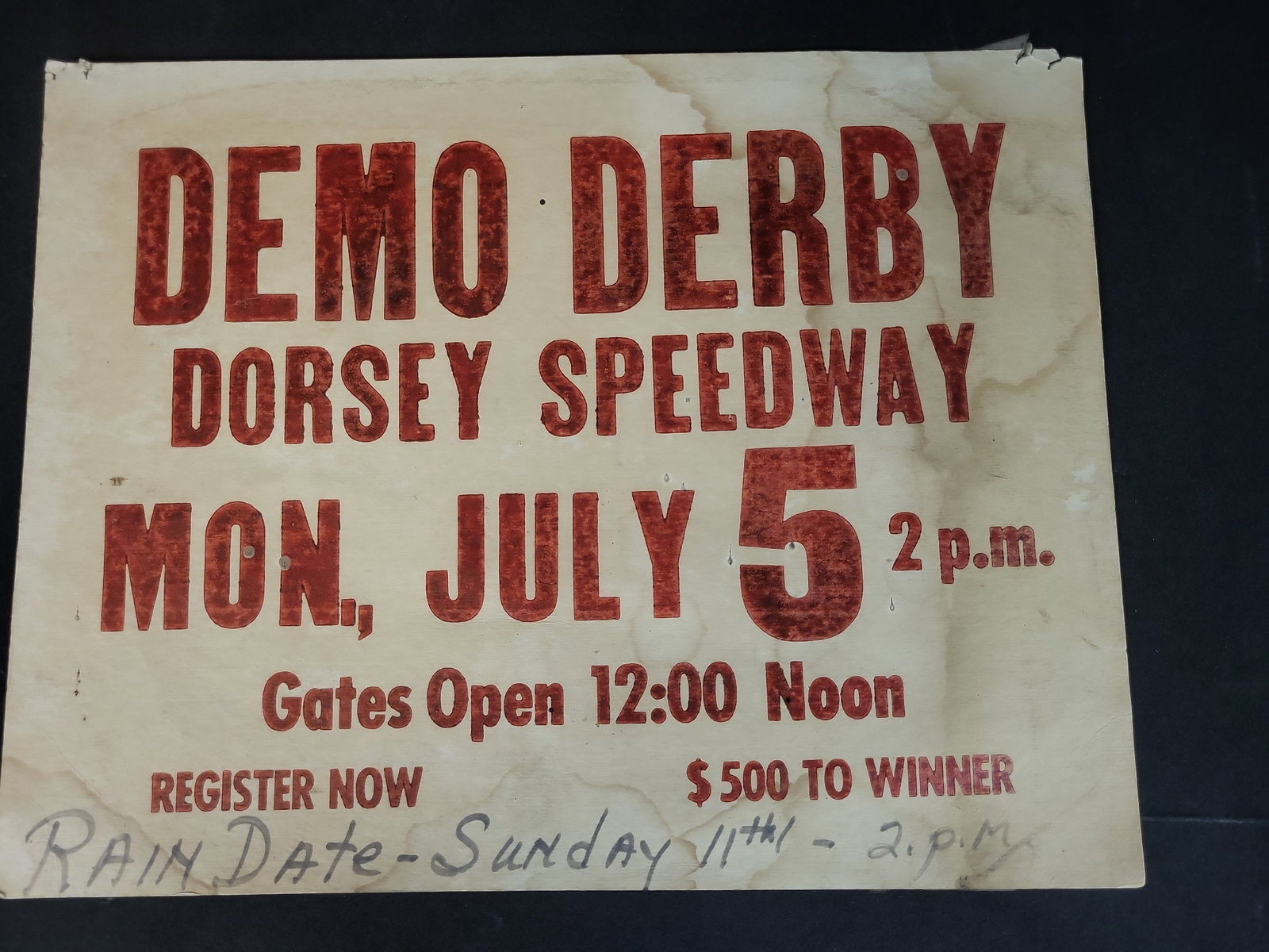 I03268 | Vintage Dorsey Speedway Demolition Derby Advertising Showcard Poster: BID PER WHAT YOU SEE IN THE PHOTO, NOT THE AI GENERATED TITLES AND DESCRIPTIONS! A vintage automotive advertising showcard printed on heavy cardstock, promoting a demolition derby event at Dorsey Spee