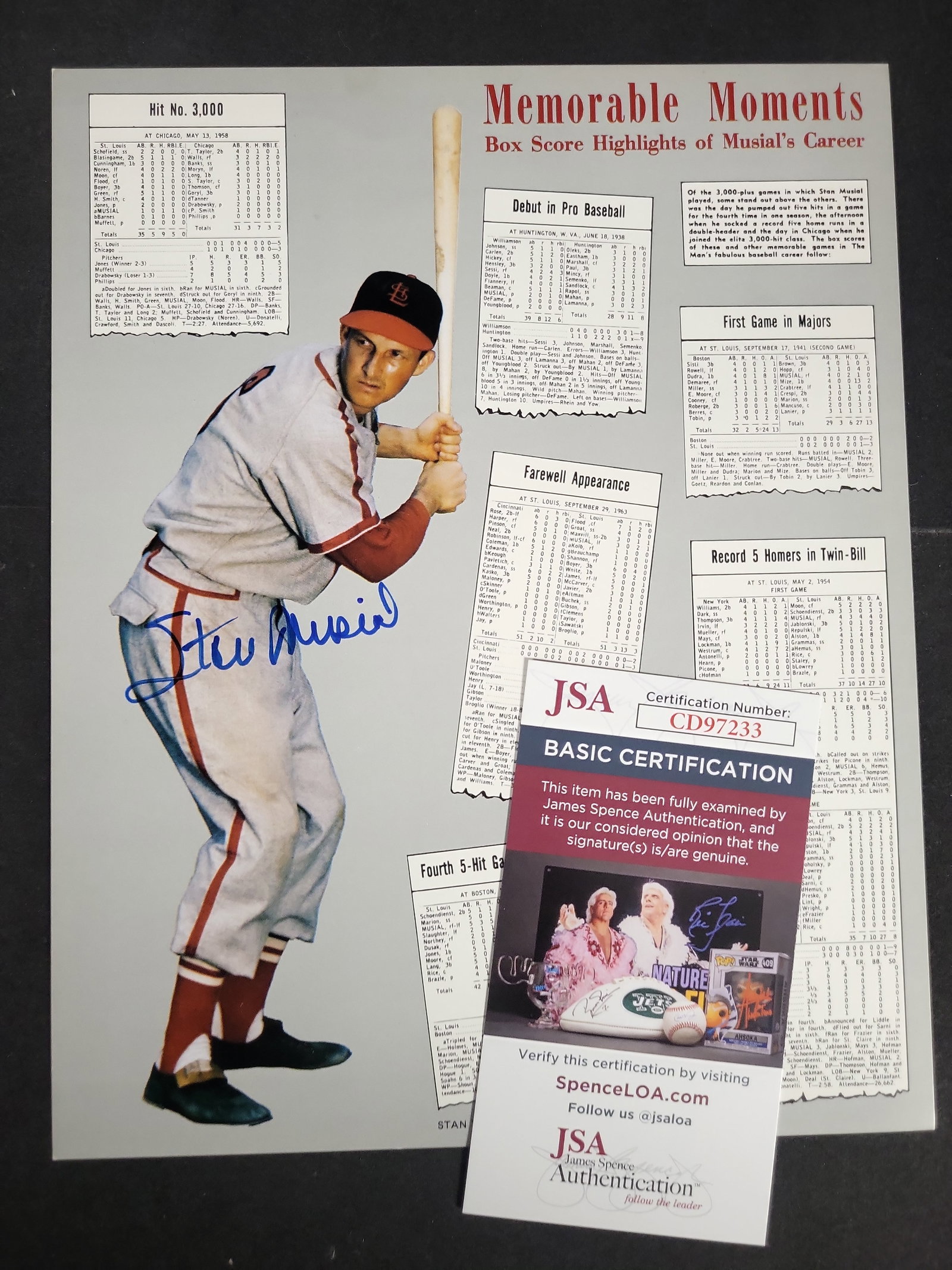 I03417 | Stan Musial Signed St. Louis Cardinals Memorable Moments 8x10 Print with JSA Authentication: BID PER WHAT YOU SEE IN THE PHOTO, NOT THE AI GENERATED TITLES AND DESCRIPTIONS! This is an autographed commemorative baseball print featuring Hall of Famer Stan Musial of the St. Louis Cardinals. Tit