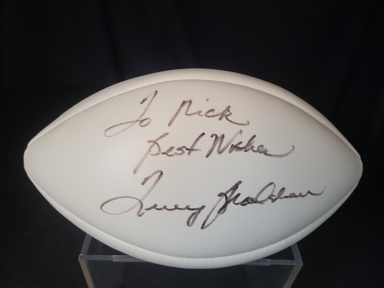 I03065 | Terry Bradshaw Inscribed and Signed Wilson Official NFL Football: BID PER WHAT YOU SEE IN THE PHOTO, NOT THE AI GENERATED TITLES AND DESCRIPTIONS! Terry Bradshaw Inscribed and Signed Wilson Official NFL Football This Wilson Official NFL football features two white a