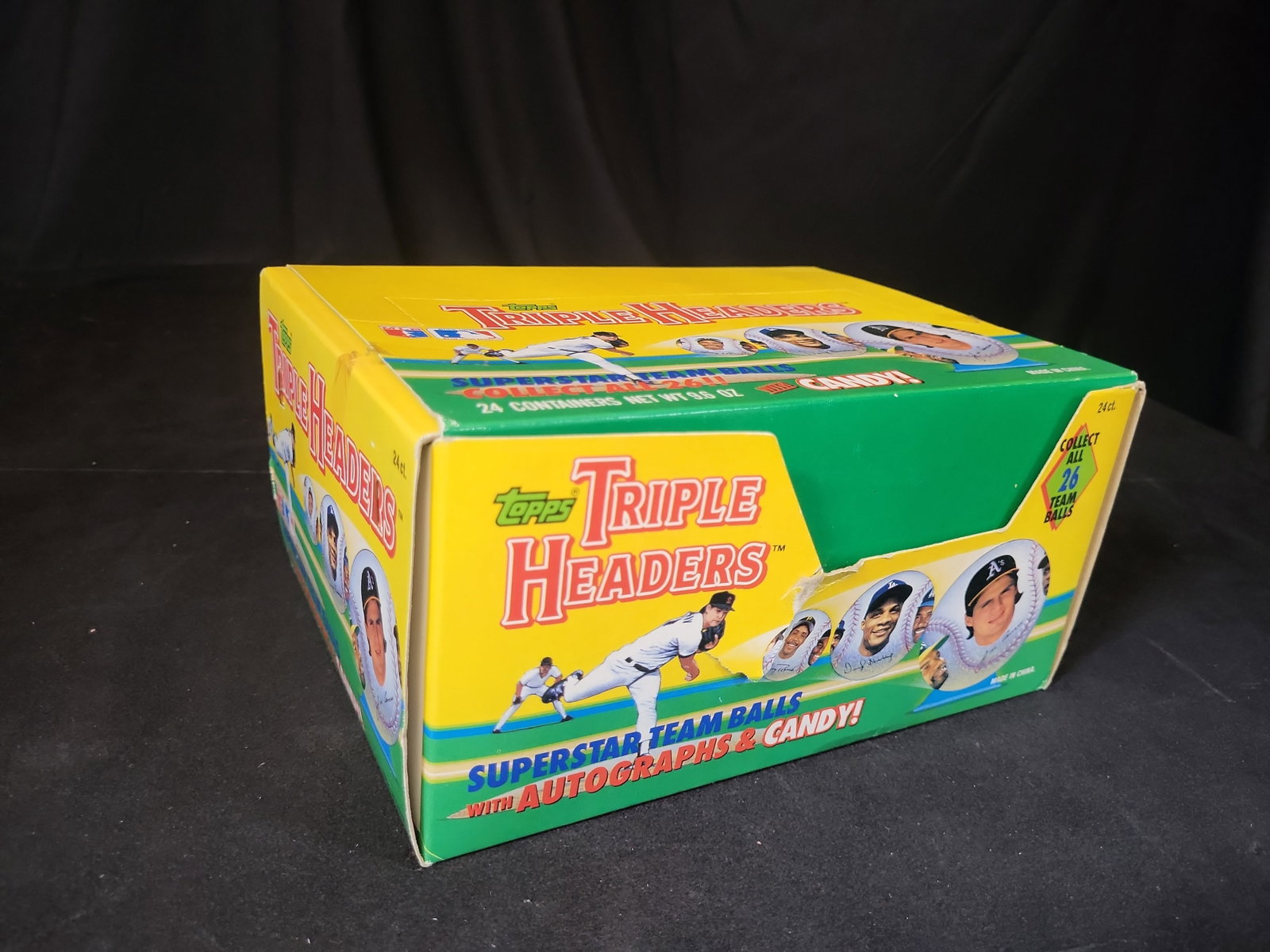 I03230 | 1992 Topps Baseball Triple Headers Retail Display Box with 24 Unopened Packages: BID PER WHAT YOU SEE IN THE PHOTO, NOT THE AI GENERATED TITLES AND DESCRIPTIONS! A retail display box containing 24 unopened individual packages of 1992 Topps Triple Headers Superstar Team Balls with 