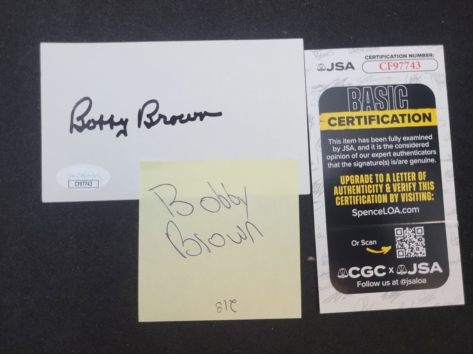 I03377 | Bobby Brown Signed Index Card with JSA Authentication: BID PER WHAT YOU SEE IN THE PHOTO, NOT THE AI GENERATED TITLES AND DESCRIPTIONS! One autographed 3 x 5 inch index card featuring the signature of R&B singer and musician Bobby Brown. The signature is 