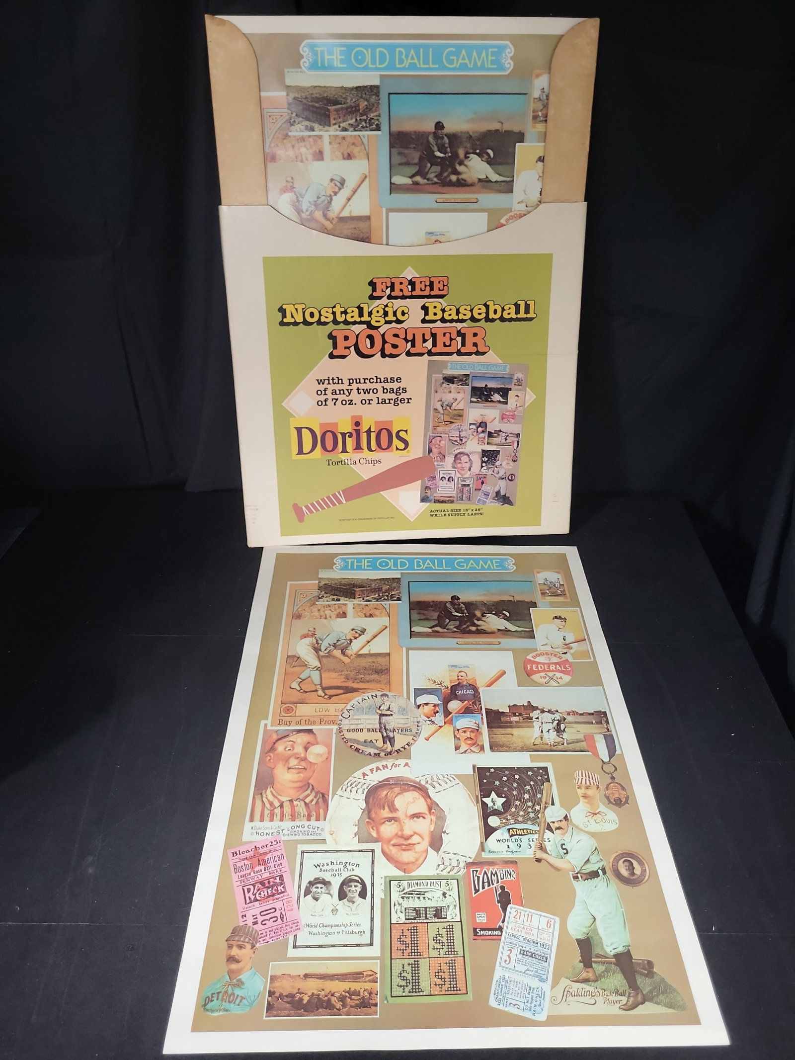 I03179 | Vintage Doritos Promotional The Old Ball Game Nostalgic Baseball Poster and Original: BID PER WHAT YOU SEE IN THE PHOTO, NOT THE AI GENERATED TITLES AND DESCRIPTIONS! This lot features a vintage promotional poster and its original storage envelope, produced for a Doritos marketing camp