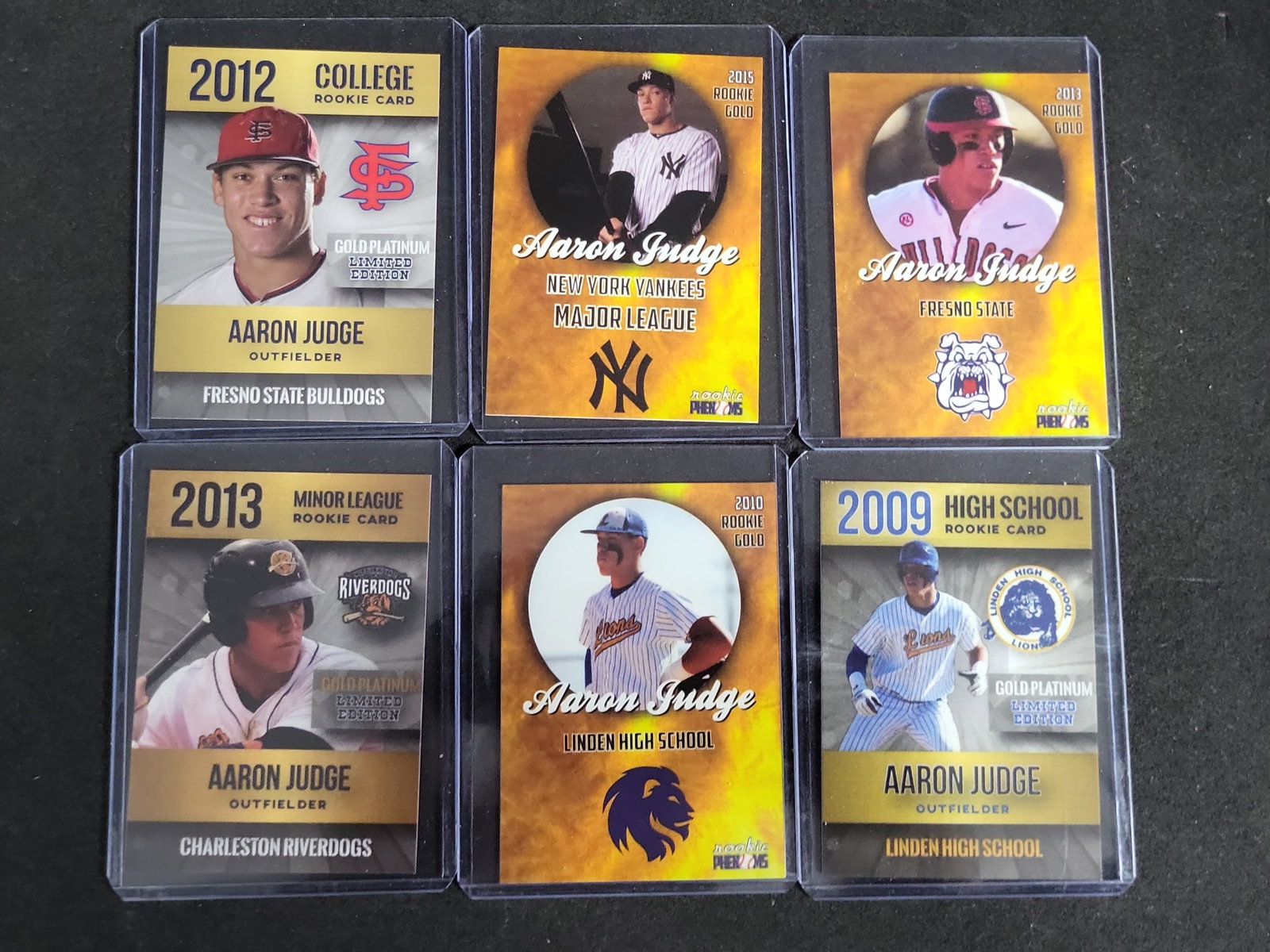I03273 | A Collection of Six Aaron Judge Rookie Phenoms Baseball Cards: BID PER WHAT YOU SEE IN THE PHOTO, NOT THE AI GENERATED TITLES AND DESCRIPTIONS! A collection of six unlicensed novelty tribute trading cards featuring New York Yankees star Aaron Judge, produced by t