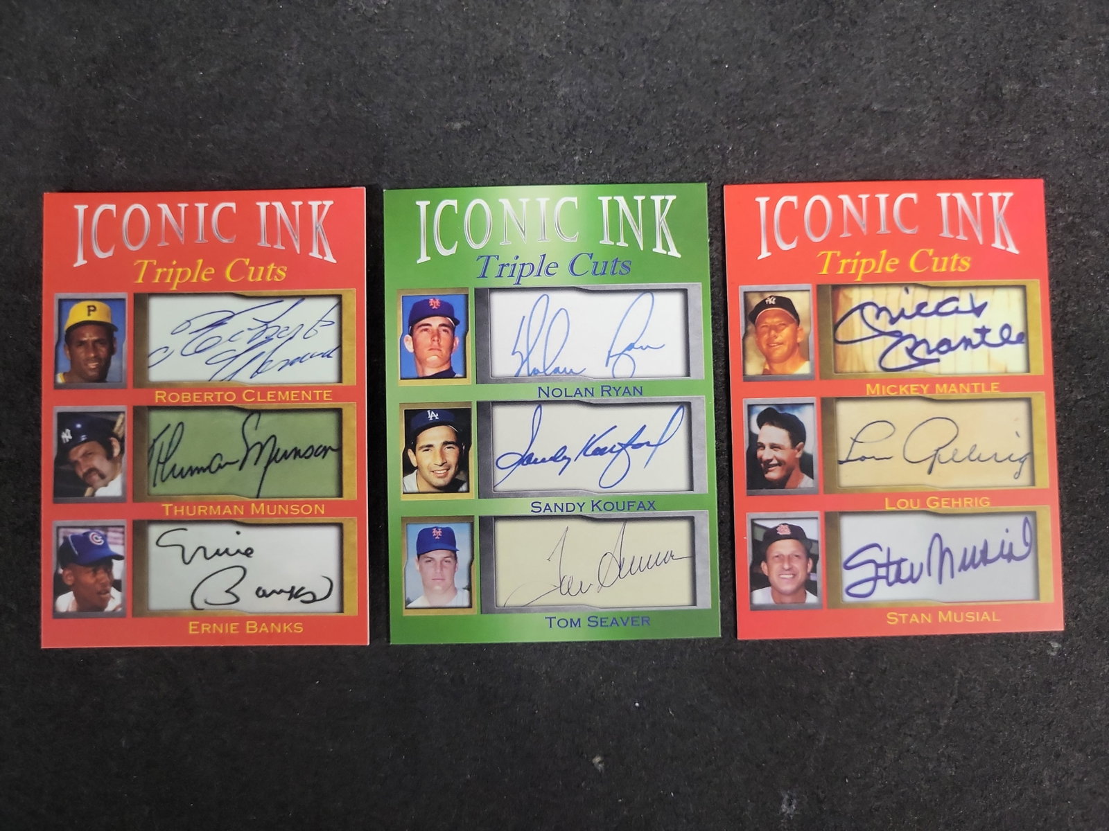 I03589 | Three Iconic Ink Triple Cuts Baseball Cards Facsimile Autographs: BID PER WHAT YOU SEE IN THE PHOTO, NOT THE AI GENERATED TITLES AND DESCRIPTIONS! Three Iconic Ink Triple Cuts Baseball Cards Facsimile Autographs A trio of commemorative baseball cards from the Iconic