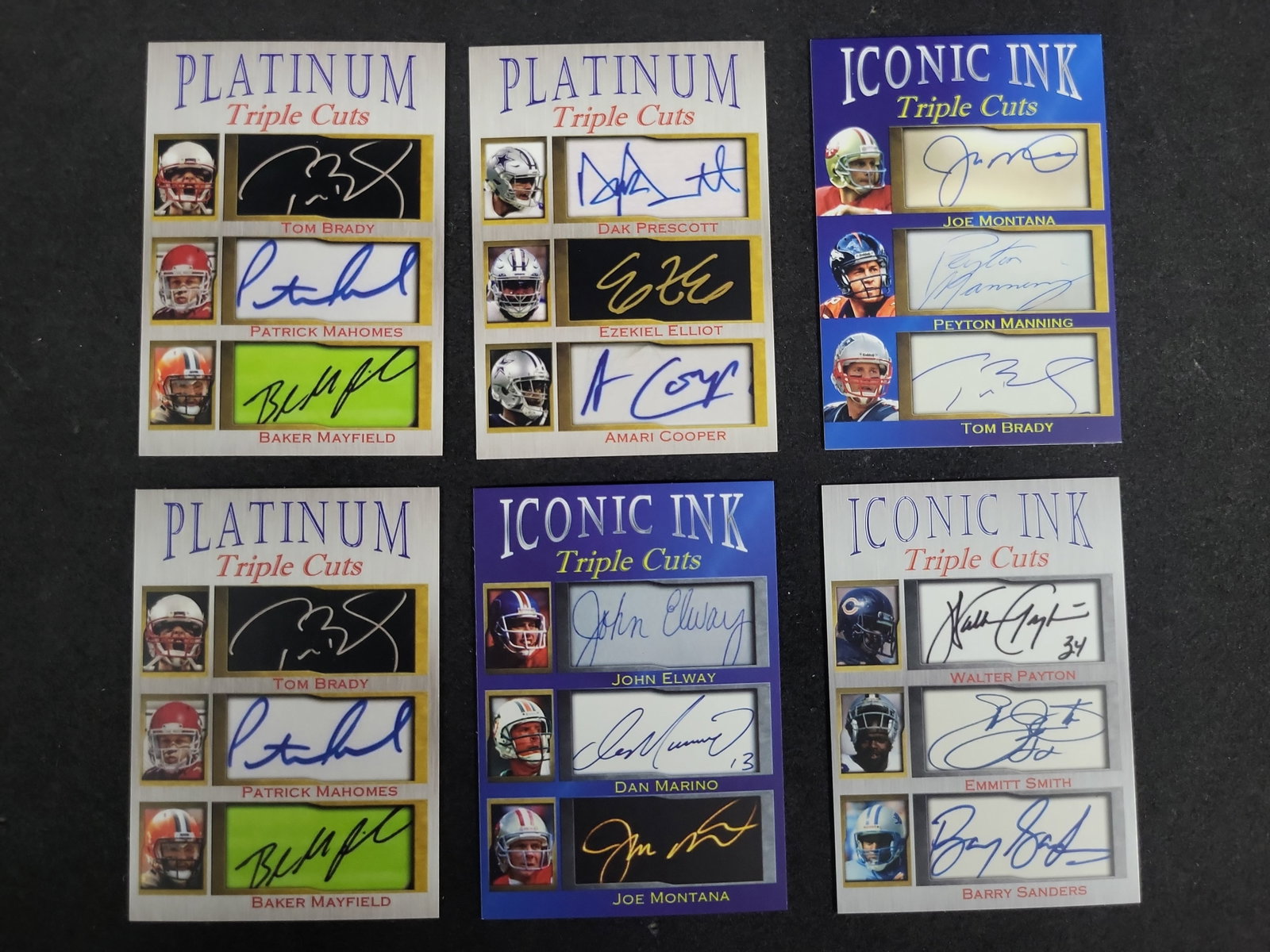I03592 | A Collection of Platinum Triple Cuts and Iconic Ink Triple Cuts Football Cards Featuring: BID PER WHAT YOU SEE IN THE PHOTO, NOT THE AI GENERATED TITLES AND DESCRIPTIONS! A Collection of Platinum Triple Cuts and Iconic Ink Triple Cuts Football Cards Featuring Facsimile Autographs An assort