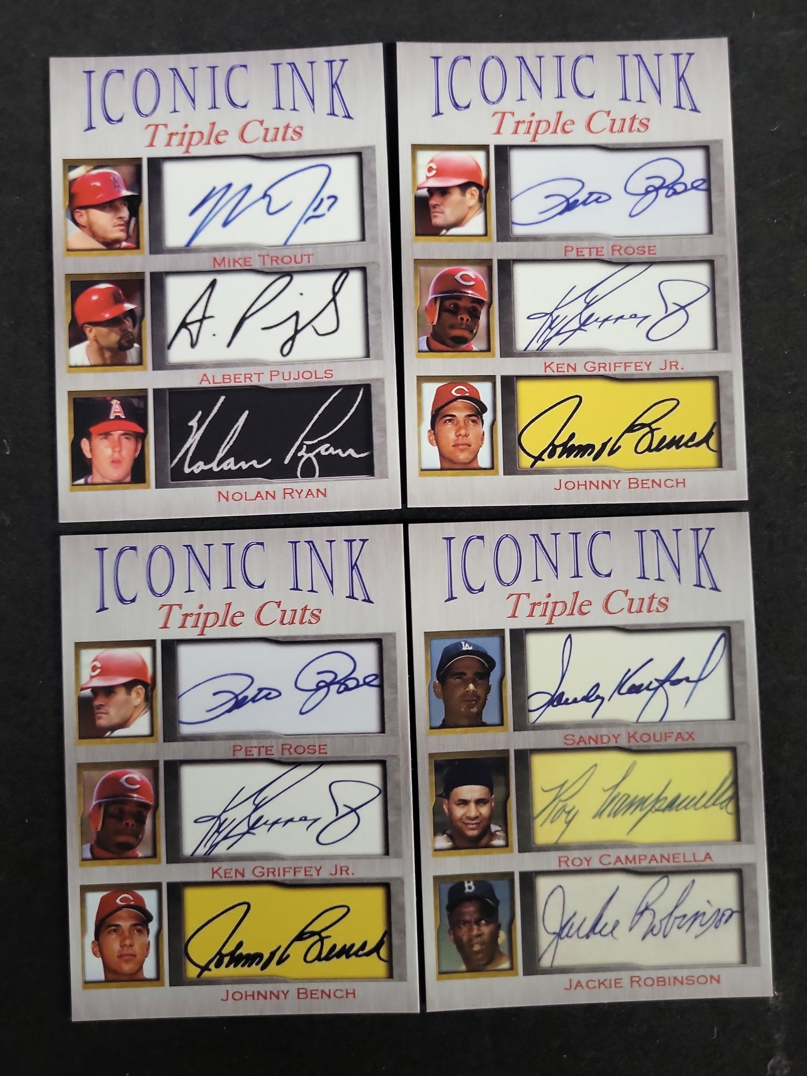 I03585 | Iconic Ink Triple Cuts Facsimile Autograph Baseball Cards, Qty 4: BID PER WHAT YOU SEE IN THE PHOTO, NOT THE AI GENERATED TITLES AND DESCRIPTIONS! Iconic Ink Triple Cuts Facsimile Autograph Baseball Cards, Qty 4 A collection of four modern baseball cards from the Ic