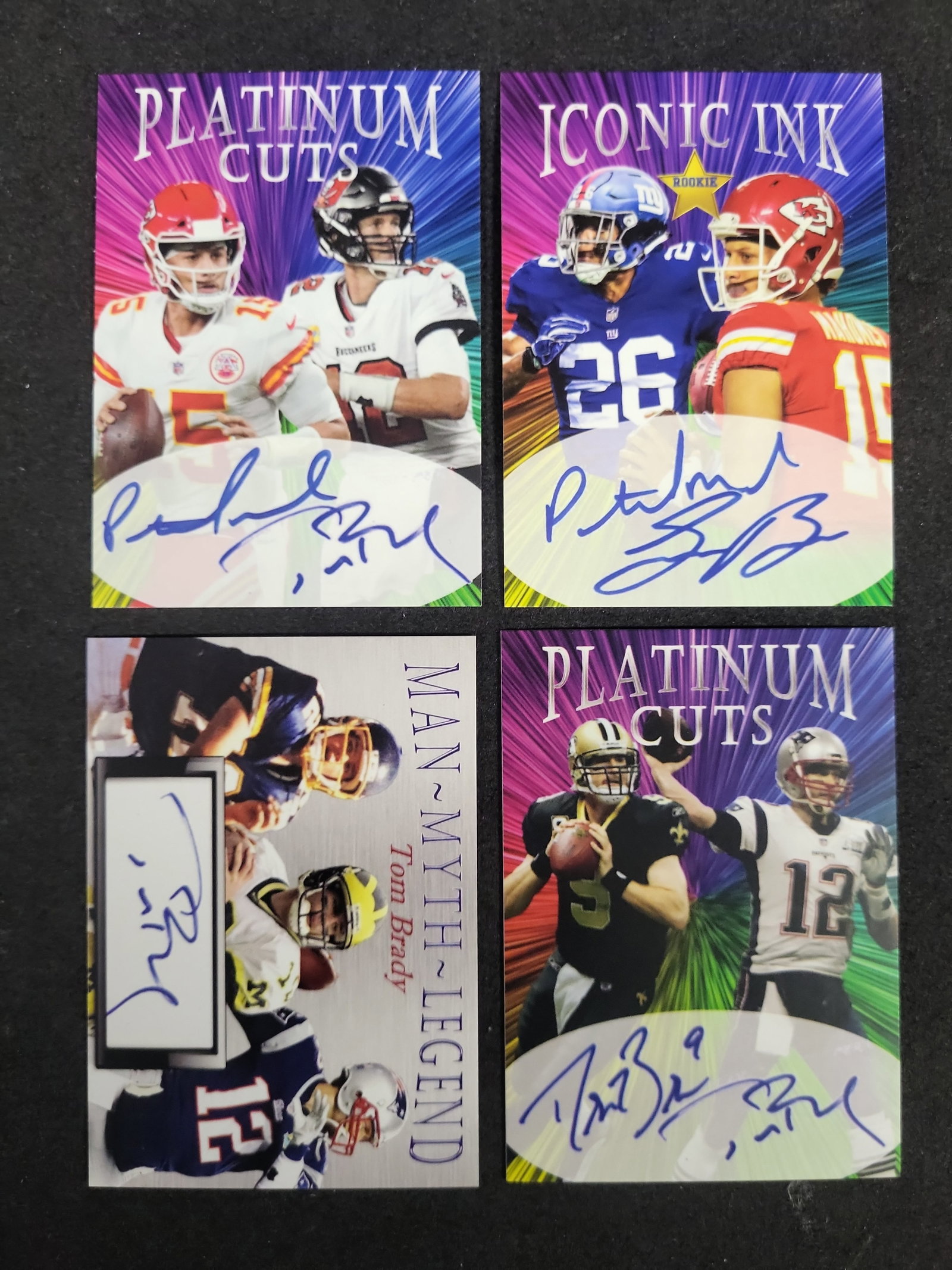 I03597 | Four Modern Unlicensed Custom Football Trading Cards with Facsimile Autographs: BID PER WHAT YOU SEE IN THE PHOTO, NOT THE AI GENERATED TITLES AND DESCRIPTIONS! Four Modern Unlicensed Custom Football Trading Cards with Facsimile Autographs A collection of four custom-produced mod