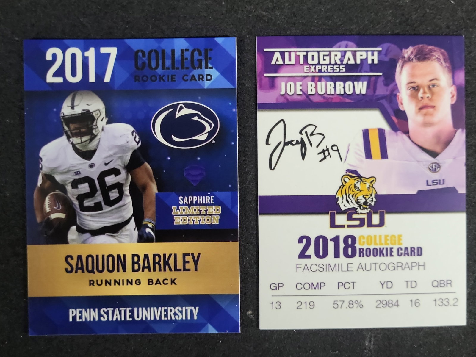 I03583 | Two Collegiate Themed Football Rookie Cards Featuring Saquon Barkley and Joe Burrow: BID PER WHAT YOU SEE IN THE PHOTO, NOT THE AI GENERATED TITLES AND DESCRIPTIONS! Two Collegiate Themed Football Rookie Cards Featuring Saquon Barkley and Joe Burrow A pair of unlicensed collegiate-the