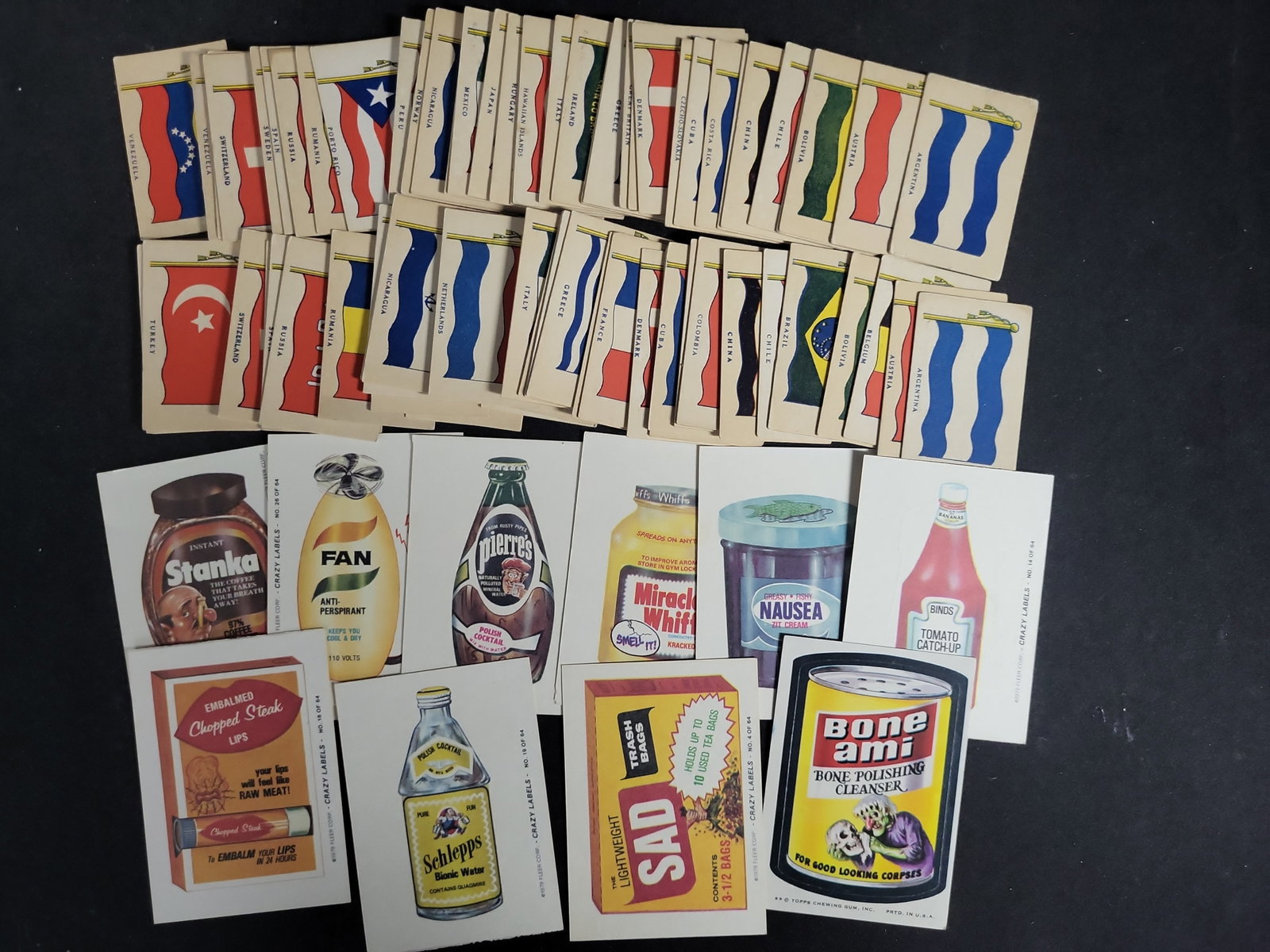 I03448 | A Collection of Vintage National Flag Cards and 1970s Parody Sticker Cards Including Topps (1 of 3)