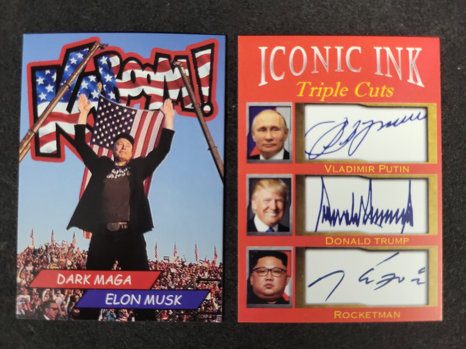 I03582 | Two Commemorative Political Trading Cards Featuring Elon Musk and World Leaders: BID PER WHAT YOU SEE IN THE PHOTO, NOT THE AI GENERATED TITLES AND DESCRIPTIONS! Two Commemorative Political Trading Cards Featuring Elon Musk and World Leaders A pair of novelty non-sport trading car