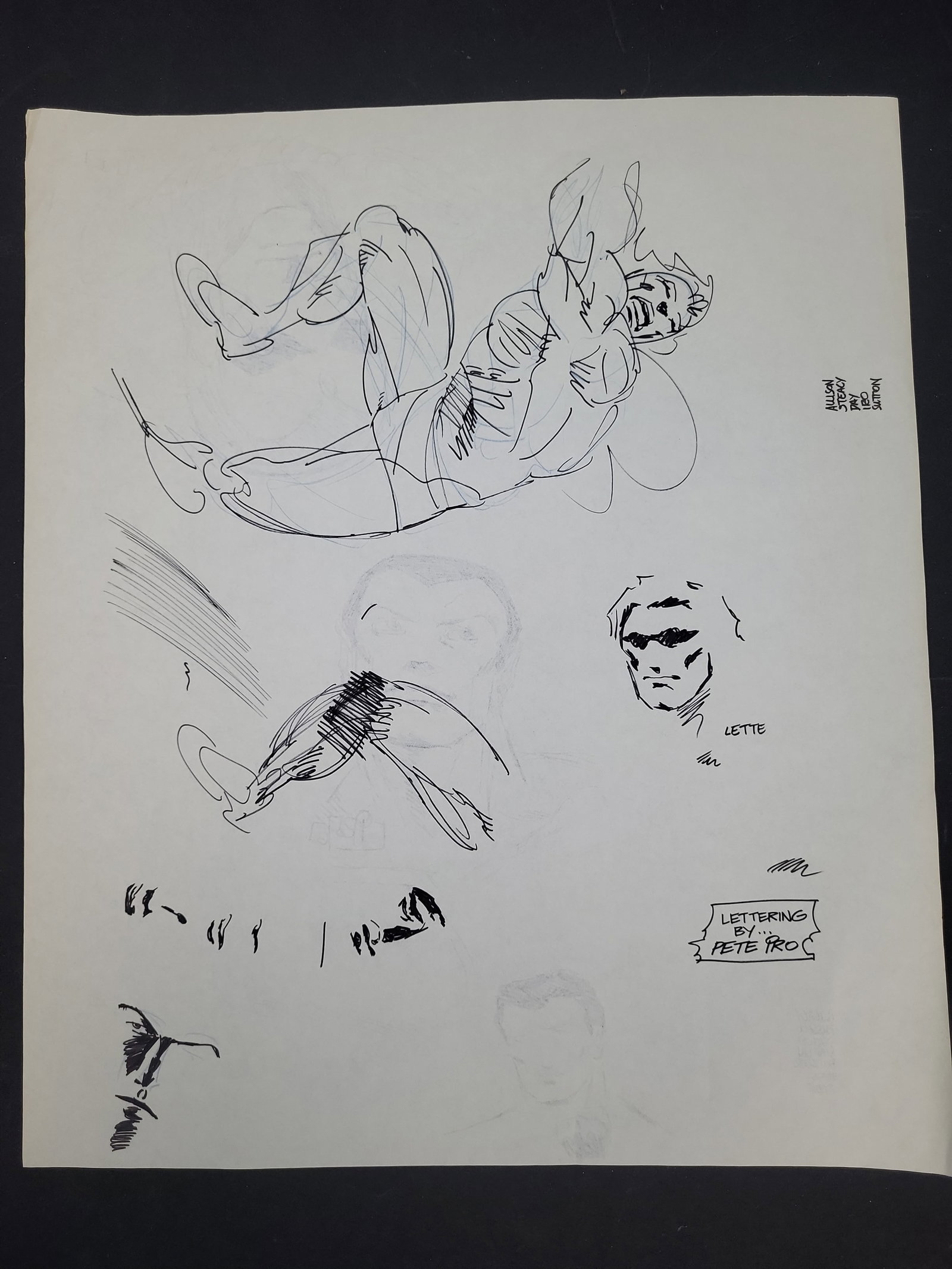 I03925 | Attributed to John Fantucchio, Two Sheets of Original Comic Character Studies: BID PER WHAT YOU SEE IN THE PHOTO, NOT THE AI GENERATED TITLES AND DESCRIPTIONS! Two sheets of original comic book character sketches and studies executed in black ink over graphite and blue pencil on