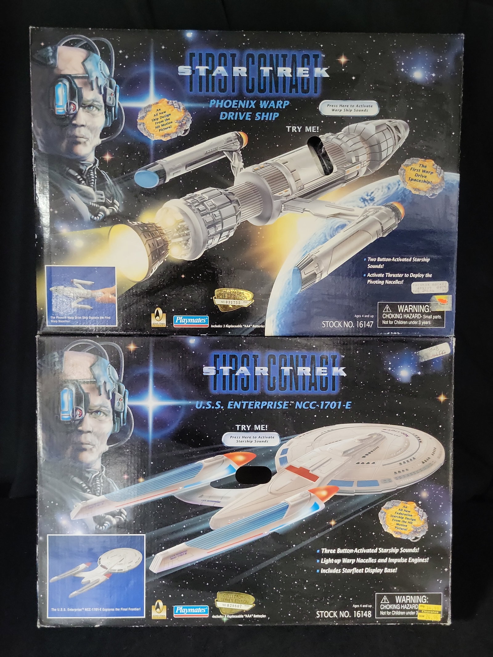 I03527 | Two Playmates Star Trek First Contact Electronic Starships in Original Boxes: BID PER WHAT YOU SEE IN THE PHOTO, NOT THE AI GENERATED TITLES AND DESCRIPTIONS! Two Playmates Star Trek First Contact Electronic Starships in Original Boxes This lot consists of two vintage electroni