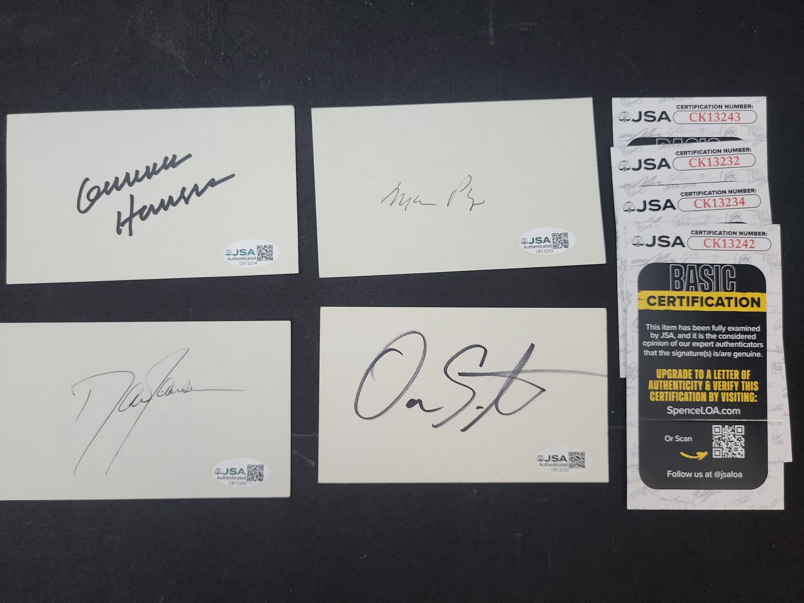 I03370 | Four JSA Authenticated Autographed Index Cards including Mario Puzo and Gunnar Hansen: BID PER WHAT YOU SEE IN THE PHOTO, NOT THE AI GENERATED TITLES AND DESCRIPTIONS! This collection consists of four off-white unlined paper index cards, each featuring an original autographed signature.