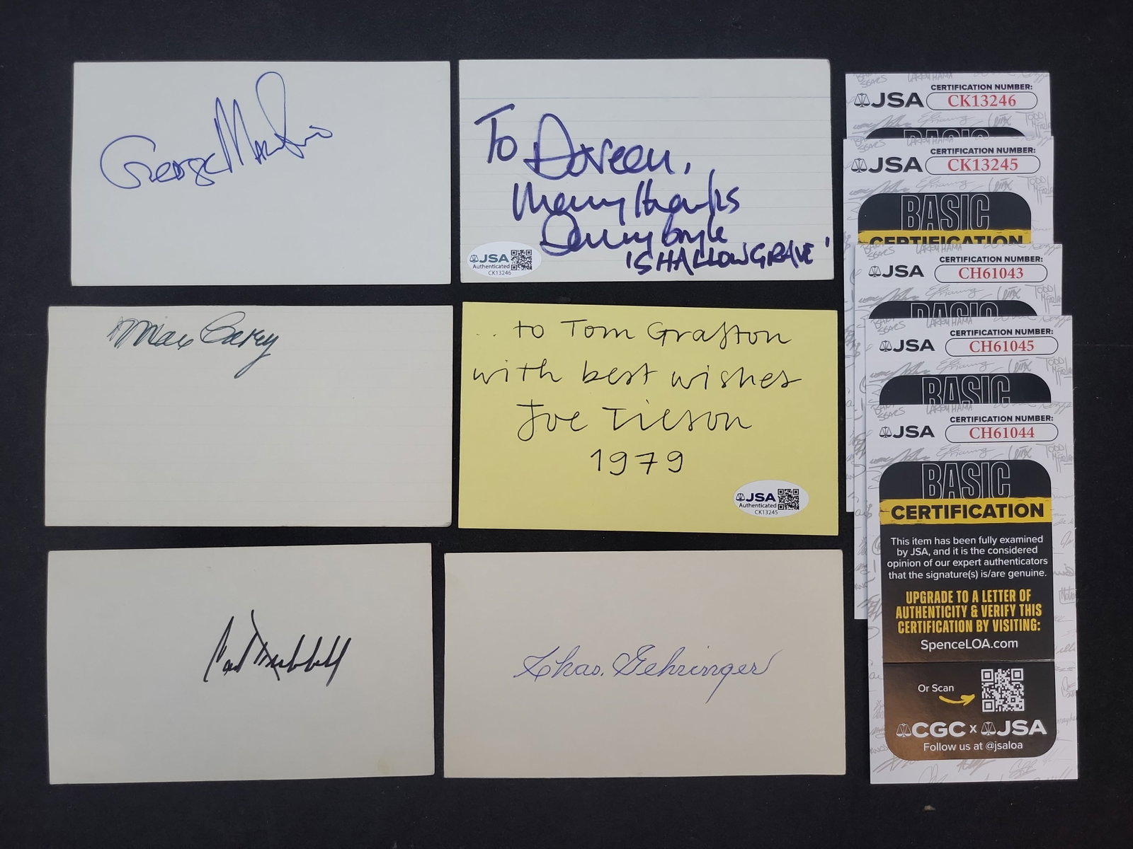 I03372 | Lot of (6) Autographed Cards and Slips Featuring Baseball Hall of Famers and Entertainment (1 of 6)