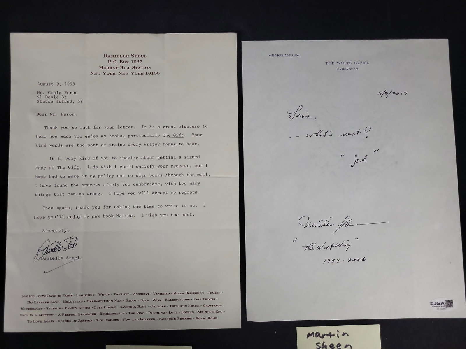 I03398 | Steel, Danielle and Martin Sheen. Two Signed Items (TLS and ANS). (1 of 5)