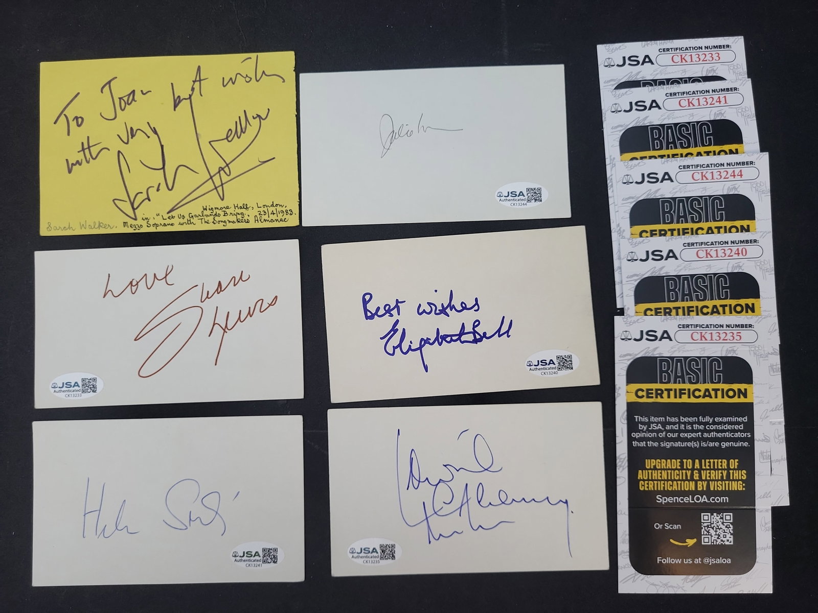 I03369 | Collection of Six Autographed Cards and Slips Featuring Julie London and Shari Lewis: BID PER WHAT YOU SEE IN THE PHOTO, NOT THE AI GENERATED TITLES AND DESCRIPTIONS! This collection contains six individual autographed items consisting of index cards and paper slips signed by notable f