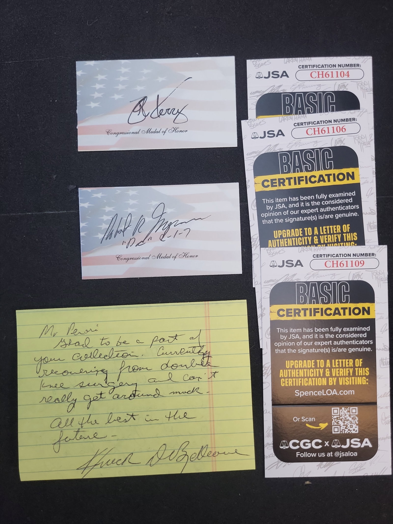 I03373 | A Trio of Vietnam War Heroes Authenticated Autographed Items JSA Certified: BID PER WHAT YOU SEE IN THE PHOTO, NOT THE AI GENERATED TITLES AND DESCRIPTIONS! This lot comprises three individual items signed by highly decorated veterans of the Vietnam War, each authenticated by