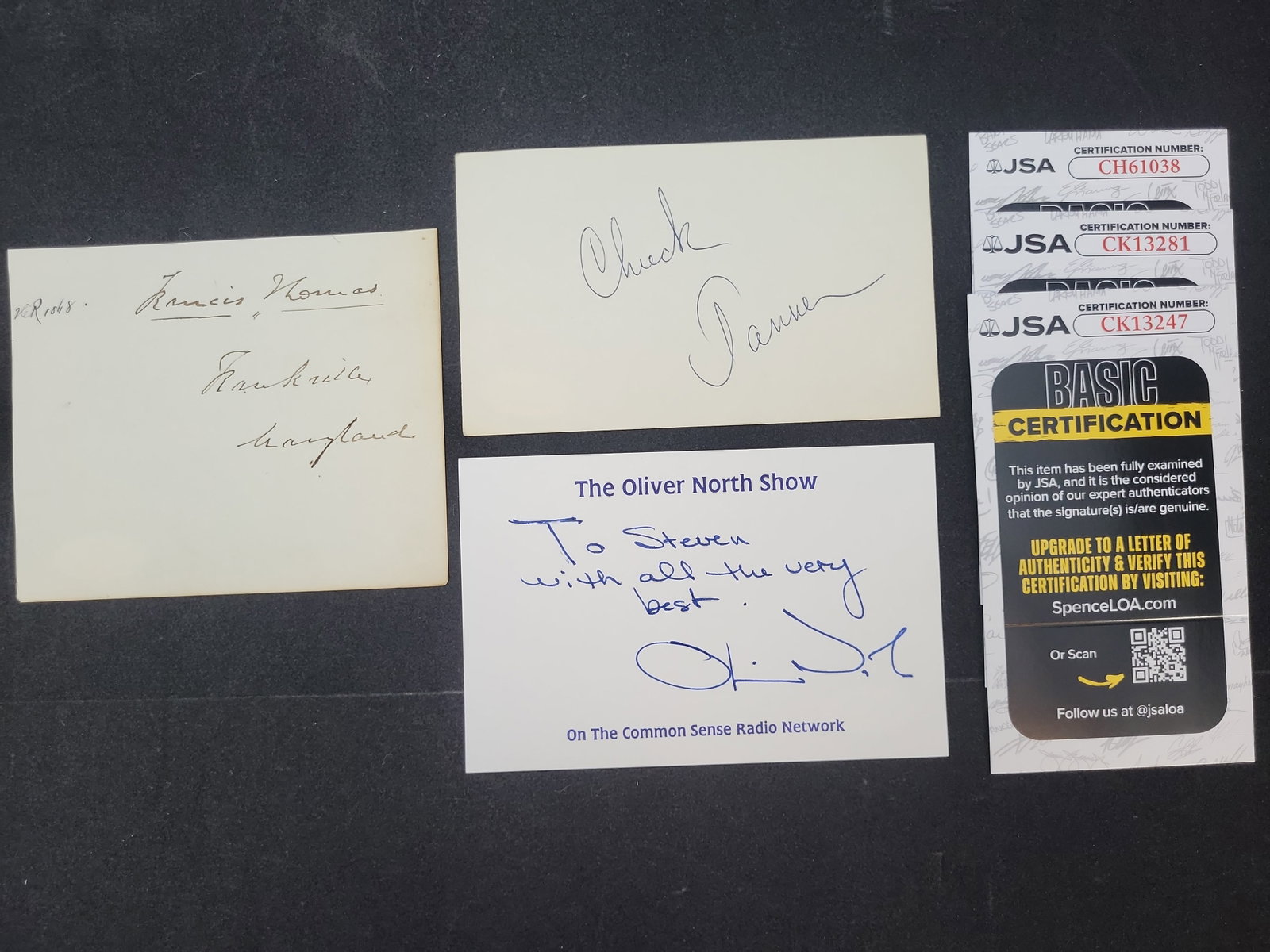 I03371 | A Trio of Authenticated Autographs including Francis Thomas, Chuck Tanner, and Oliver North (1 of 5)
