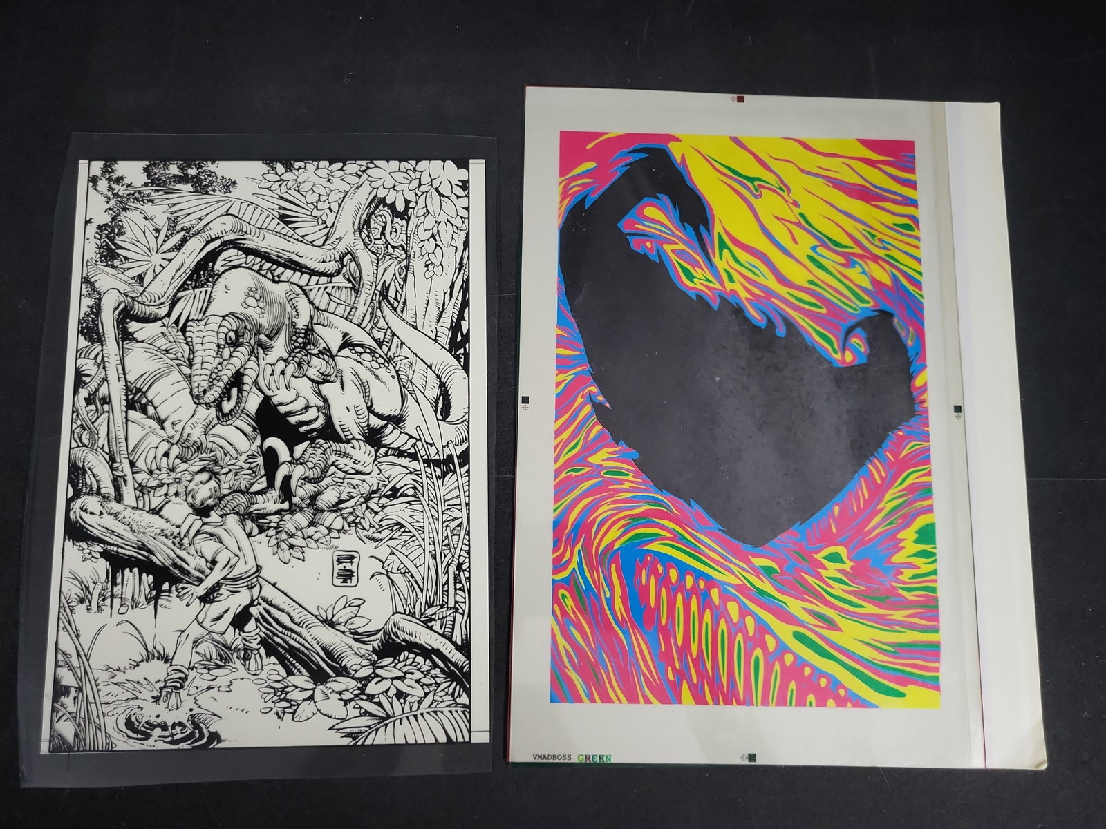I03335 | A Collection of Progressive Color Proofs and Acetate Overlay for a Psychedelic Dinosaur: BID PER WHAT YOU SEE IN THE PHOTO, NOT THE AI GENERATED TITLES AND DESCRIPTIONS! This collection of print production materials consists of a black-and-white line-art acetate overlay and a correspondin
