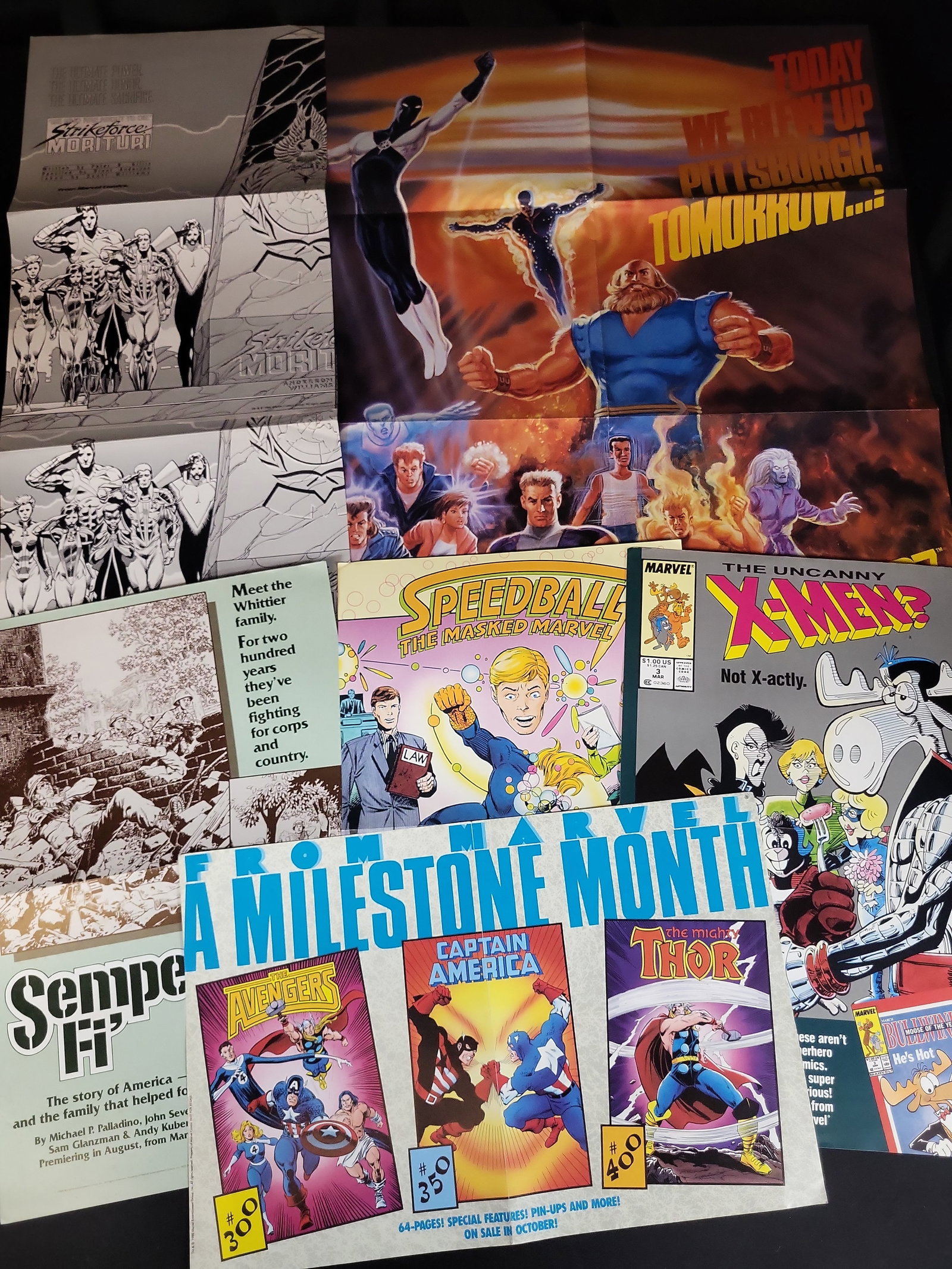 I03897 | Collection of Seven Vintage Original Marvel Comics Retailer Promotional Posters 1986-1988: BID PER WHAT YOU SEE IN THE PHOTO, NOT THE AI GENERATED TITLES AND DESCRIPTIONS! A collection of seven vintage original promotional posters produced by Marvel Comics for retailer distribution between 