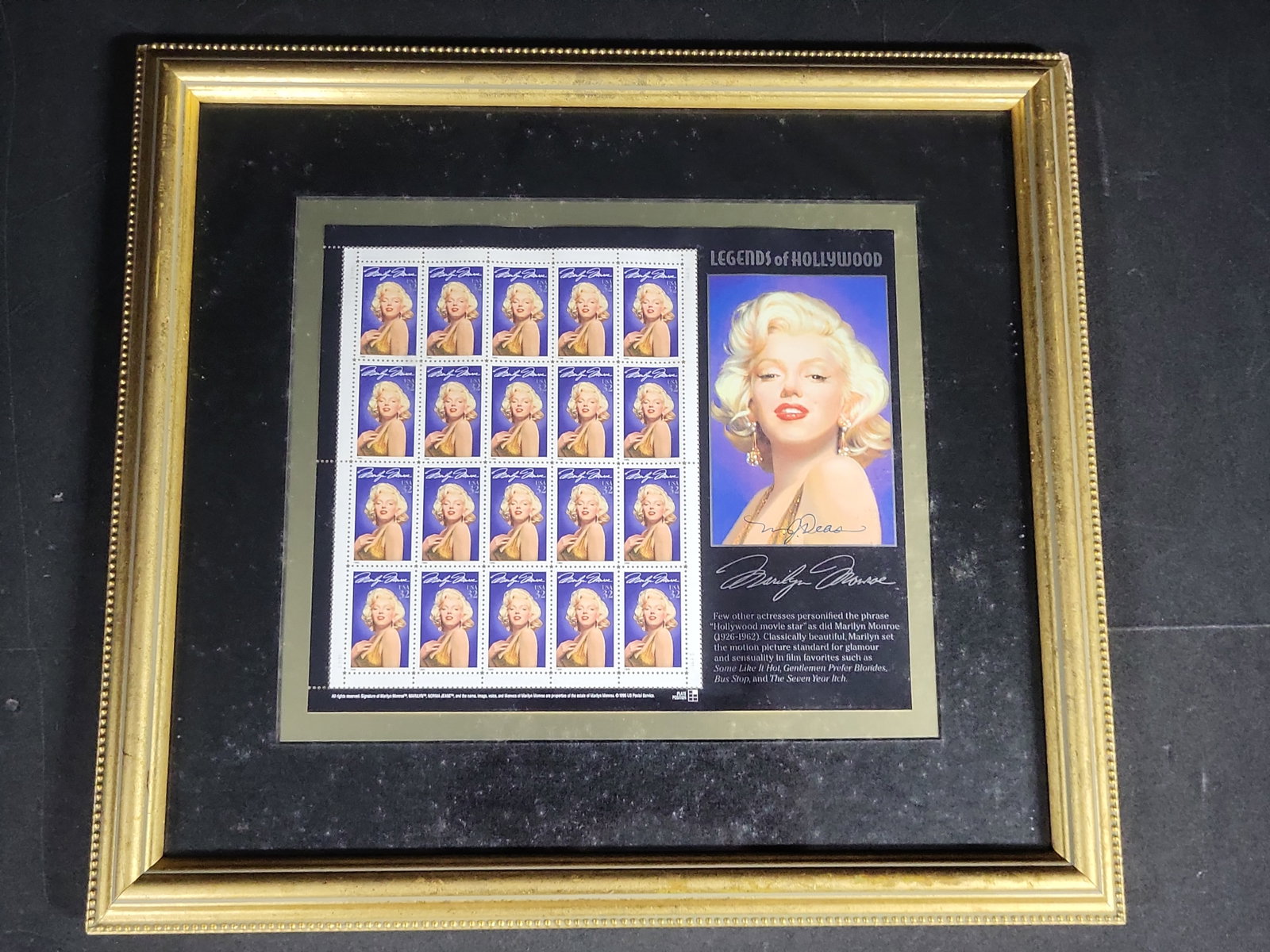 I04385 | Signed Marilyn Monroe 1995 USPS Stamp Pane: IMPORTANT â€“ PLEASE REVIEW BEFORE BIDDING: Aeron House makes every effort to accurately identify and describe each lot; however, titles and descriptions may contain errors, omissions, or AI-a