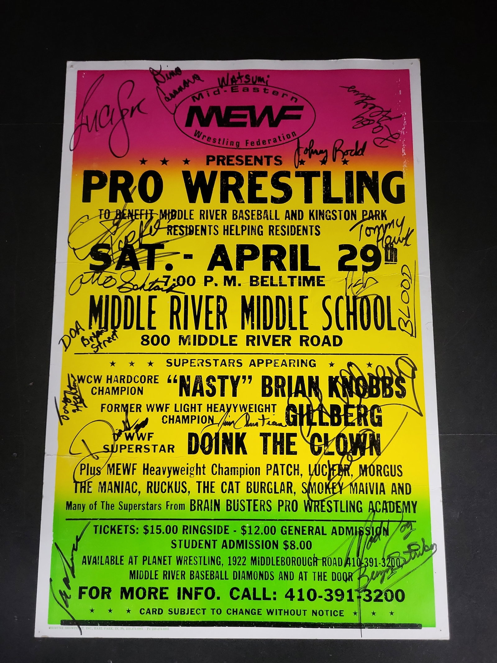 I04358 | Autographed MEWF Wrestling Broadside Poster: IMPORTANT â€“ PLEASE REVIEW BEFORE BIDDING: Aeron House makes every effort to accurately identify and describe each lot; however, titles and descriptions may contain errors, omissions, or AI-a