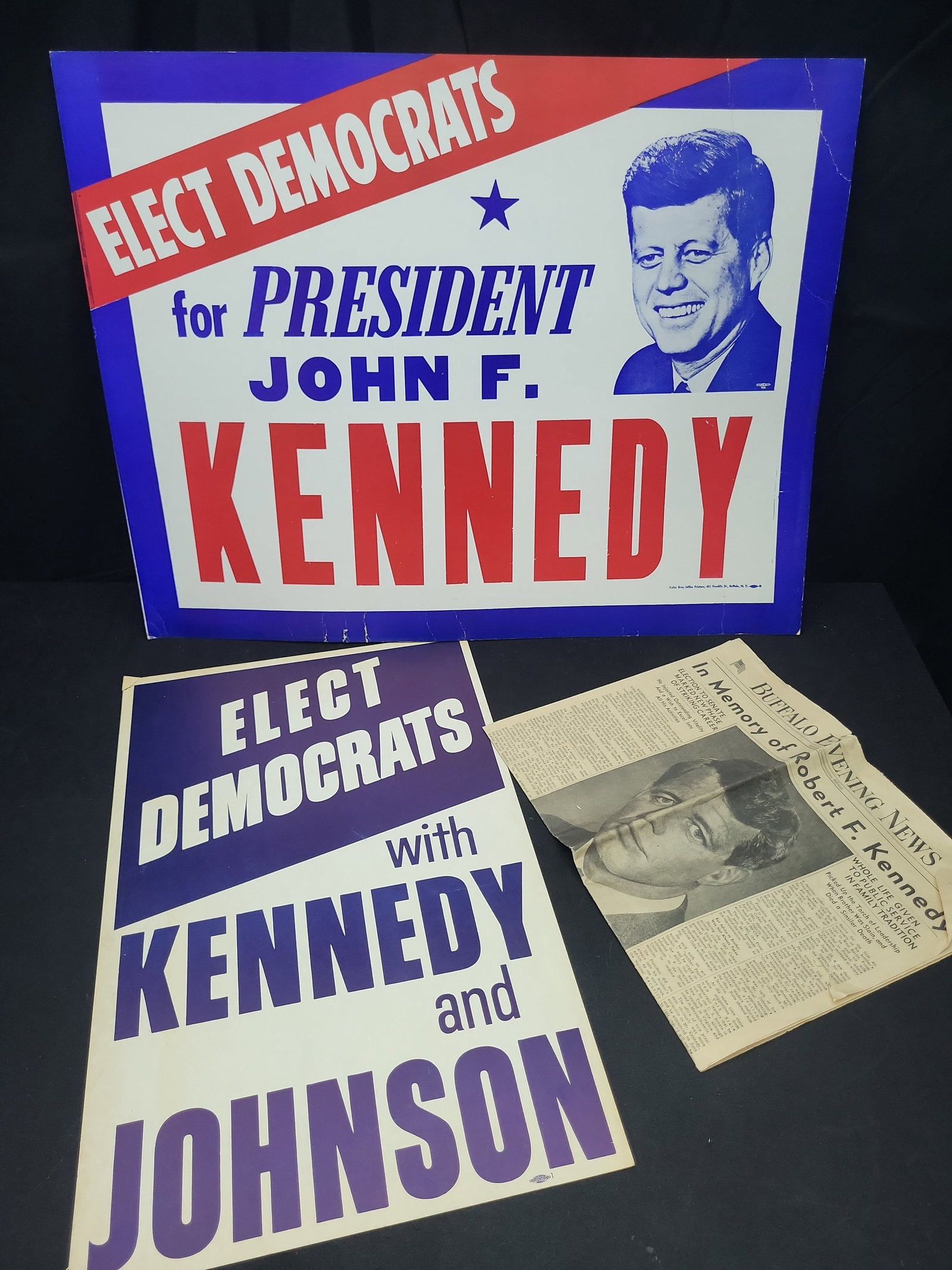 I03563 | A Trio of Kennedy Family Political Memorabilia Including 1960 Presidential Campaign Posters: IMPORTANT â€“ PLEASE REVIEW BEFORE BIDDING: Aeron House makes every effort to accurately identify and describe each lot; however, titles and descriptions may contain errors, omissions, or AI-a