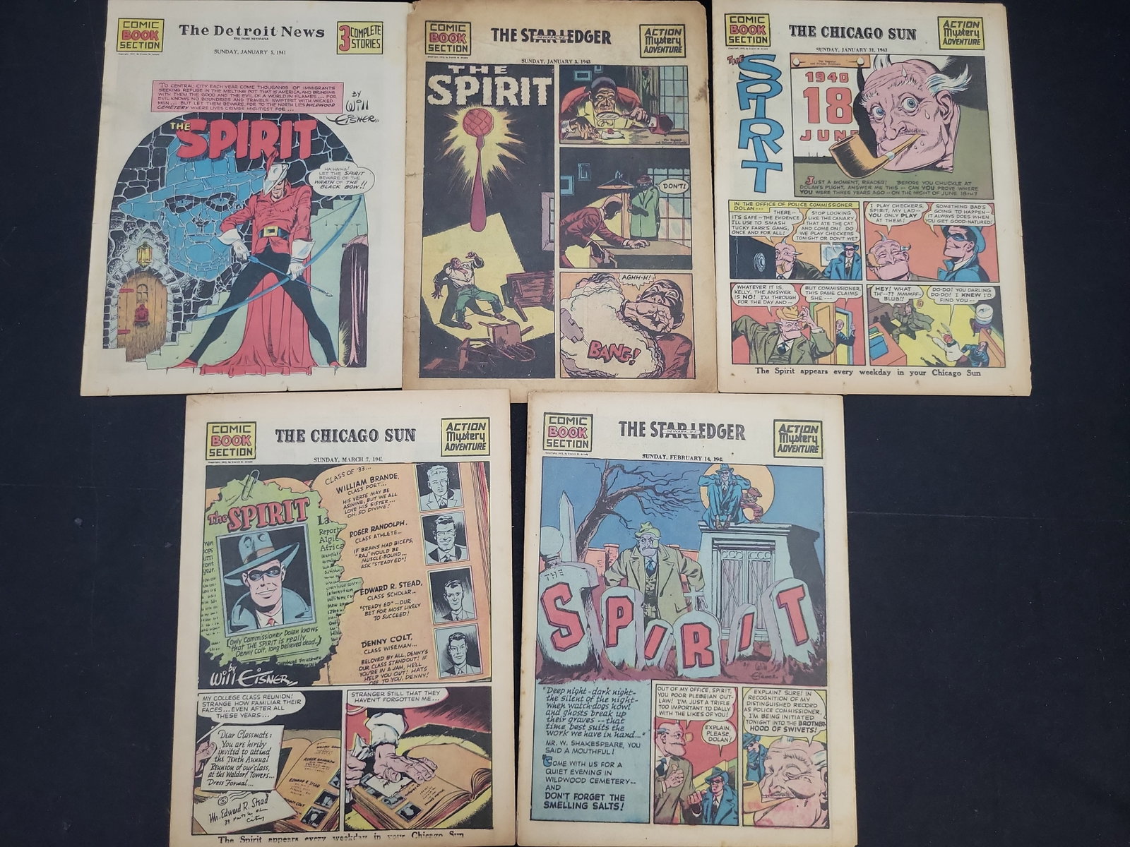 I03969 | Five Will Eisner The Spirit Comics: IMPORTANT â€“ PLEASE REVIEW BEFORE BIDDING: Aeron House makes every effort to accurately identify and describe each lot; however, titles and descriptions may contain errors, omissions, or AI-a