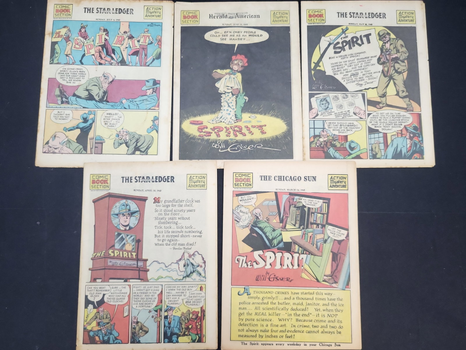 I03968 | Five 1943 Will Eisner Spirit Supplements: IMPORTANT â€“ PLEASE REVIEW BEFORE BIDDING: Aeron House makes every effort to accurately identify and describe each lot; however, titles and descriptions may contain errors, omissions, or AI-a